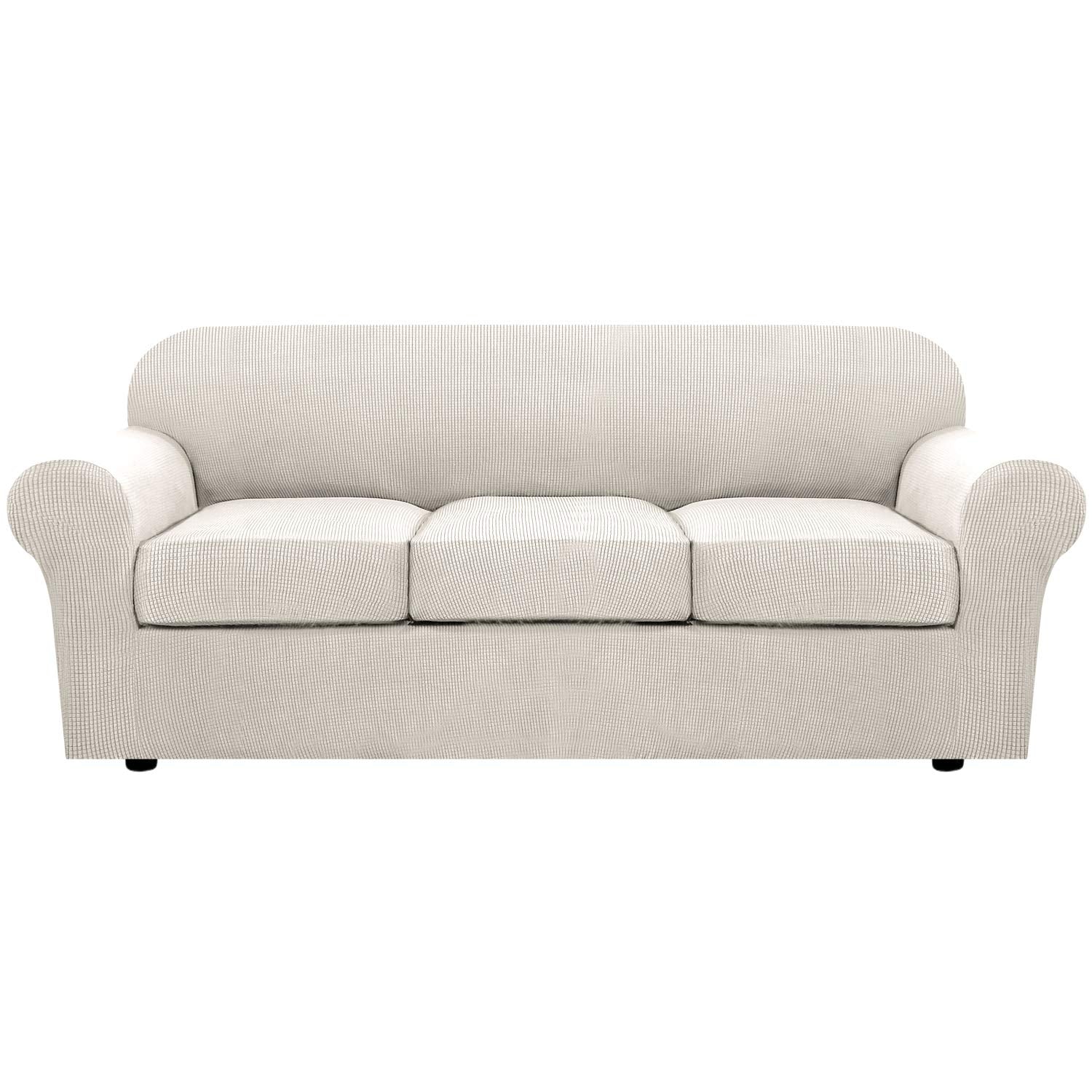 H.VERSAILTEX 3 Piece Stretch Sofa Covers for 2 Cushion Loveseat Couch Covers for Living Room Sofa Slipcovers (Base Cover Plus 2 Seat Cushion Covers) Thicker Jacquard Fabric(Medium Sofa, Natural)