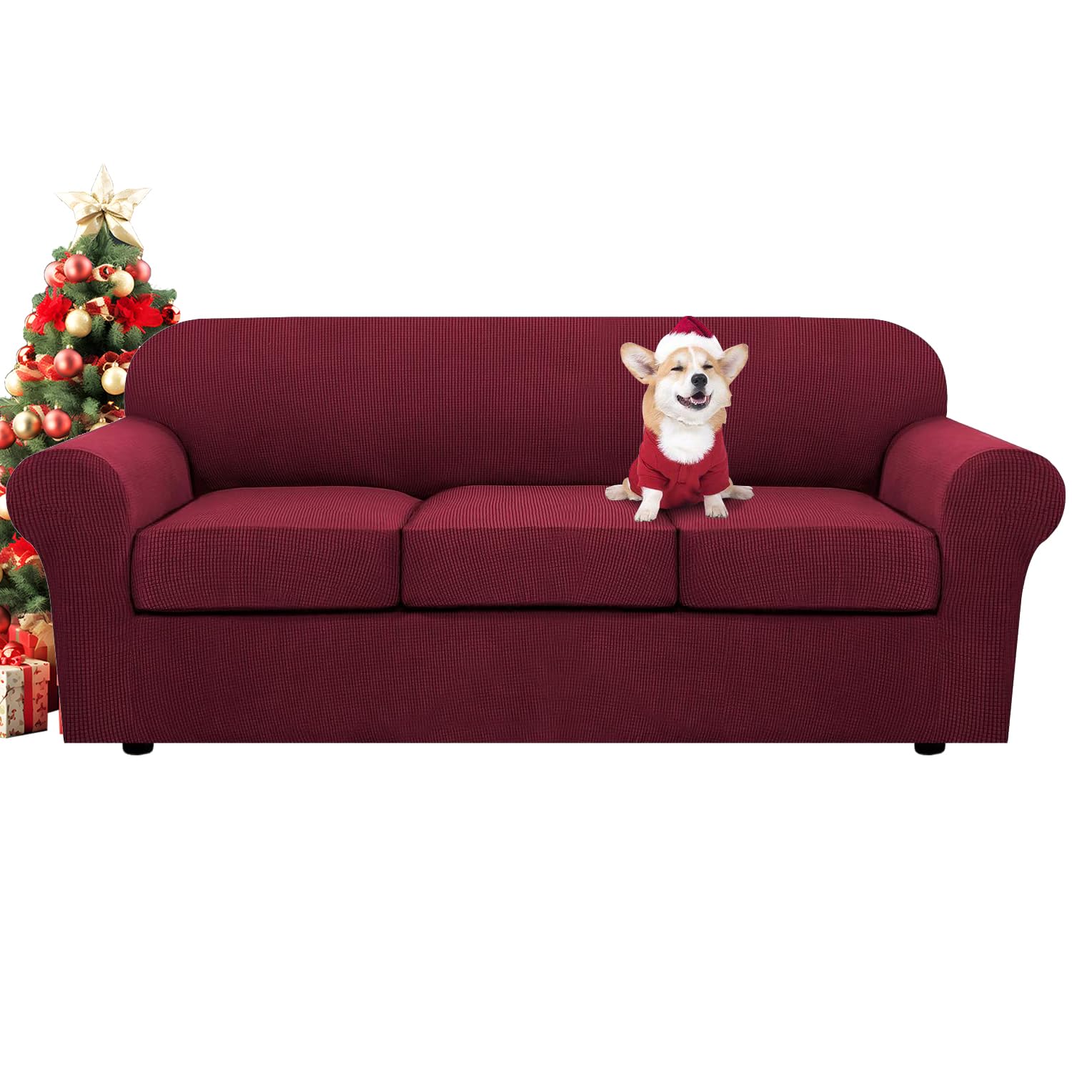 H.VERSAILTEX 3 Piece Stretch Sofa Covers for 2 Cushion Loveseat Couch Covers for Living Room Sofa Slipcovers (Base Cover Plus 2 Seat Cushion Covers) Thicker Jacquard Fabric(Medium Sofa, Natural)