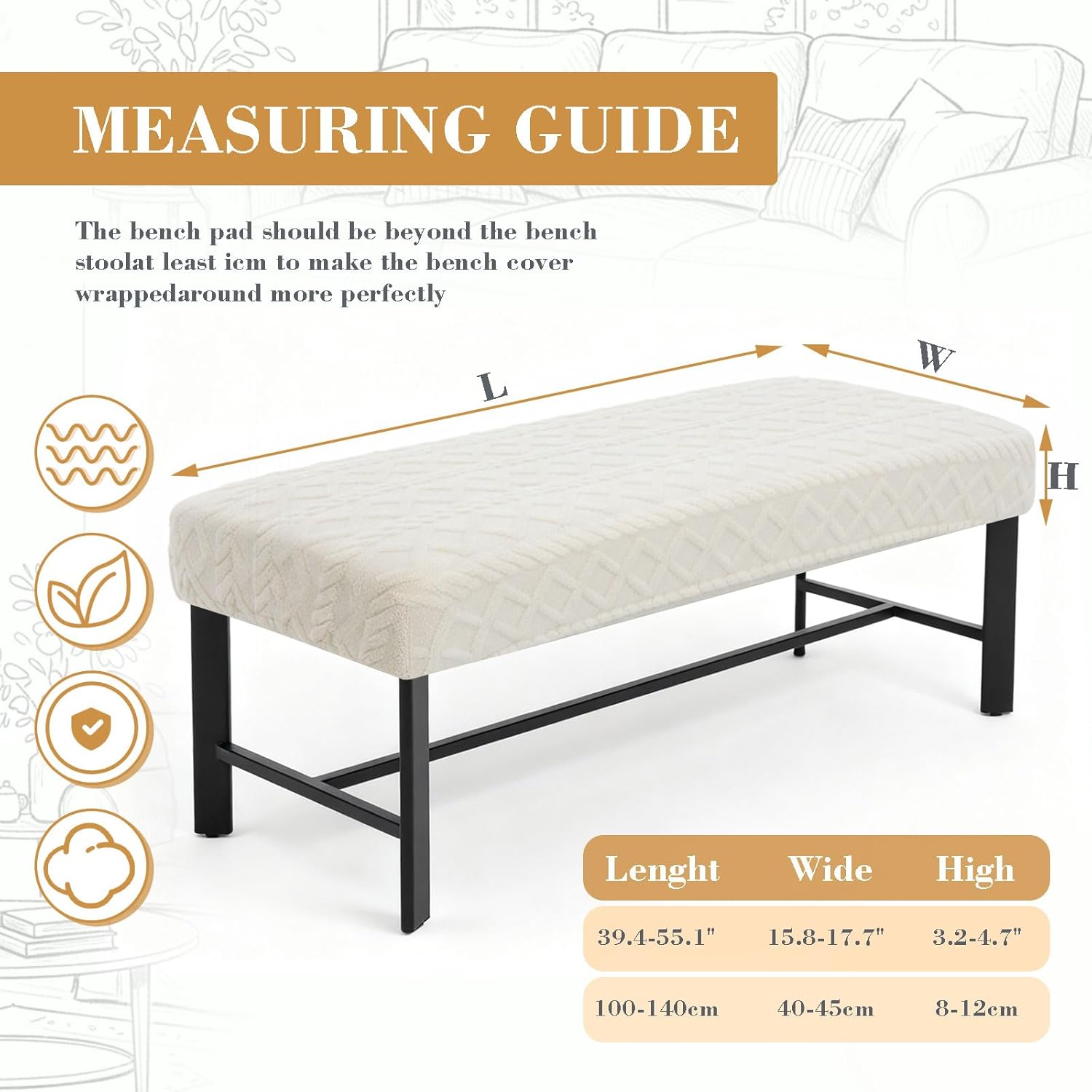 Stretch Jacquard Dining Bench Cover, Slipcover Rectangle Soft Seat Protector Cover Dustproof Removable for Dining Room Living Room Bedroom Kitchen Hotel Fits 39.4~55.1 Inch Benches(Beige)