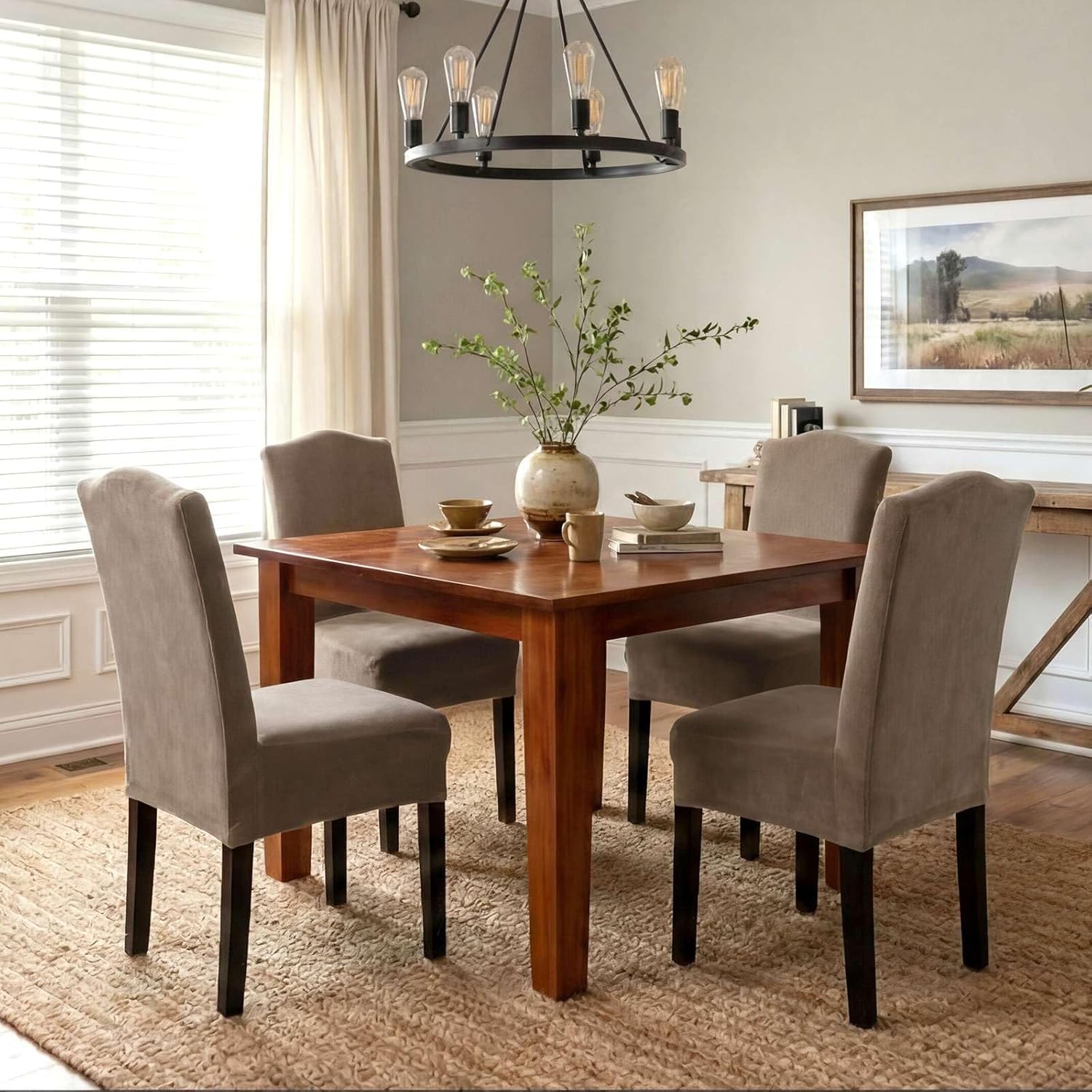 H.VERSAILTEX Dining Chair Covers Stretch for Dining Room Set of 4 Parson Chair Slipcovers Protectors, Soft Thick Solid Velvet Fabric Washable, Taupe