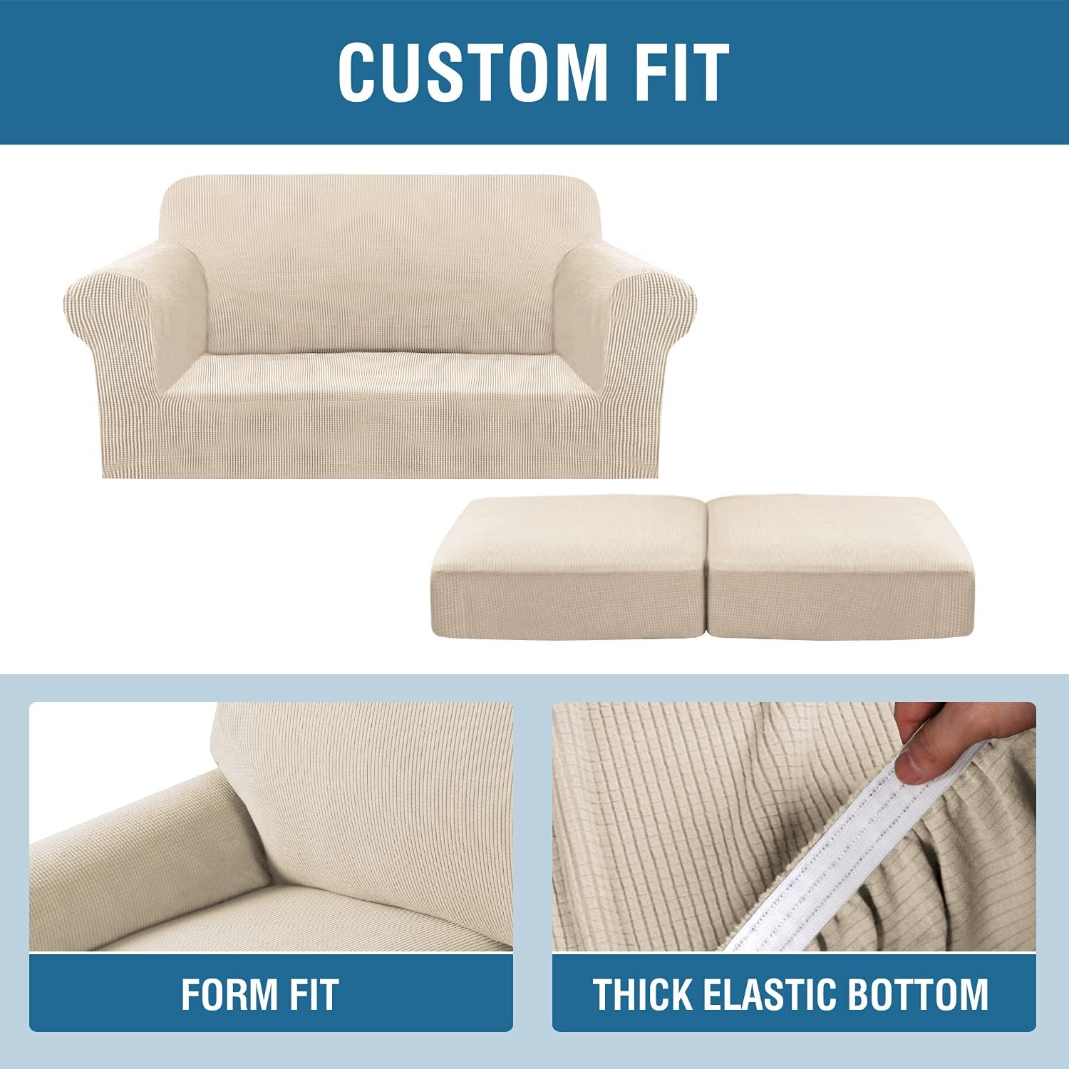 H.VERSAILTEX 3 Piece Stretch Sofa Covers for 2 Cushion Loveseat Couch Covers for Living Room Sofa Slipcovers (Base Cover Plus 2 Seat Cushion Covers) Thicker Jacquard Fabric(Medium Sofa, Natural)