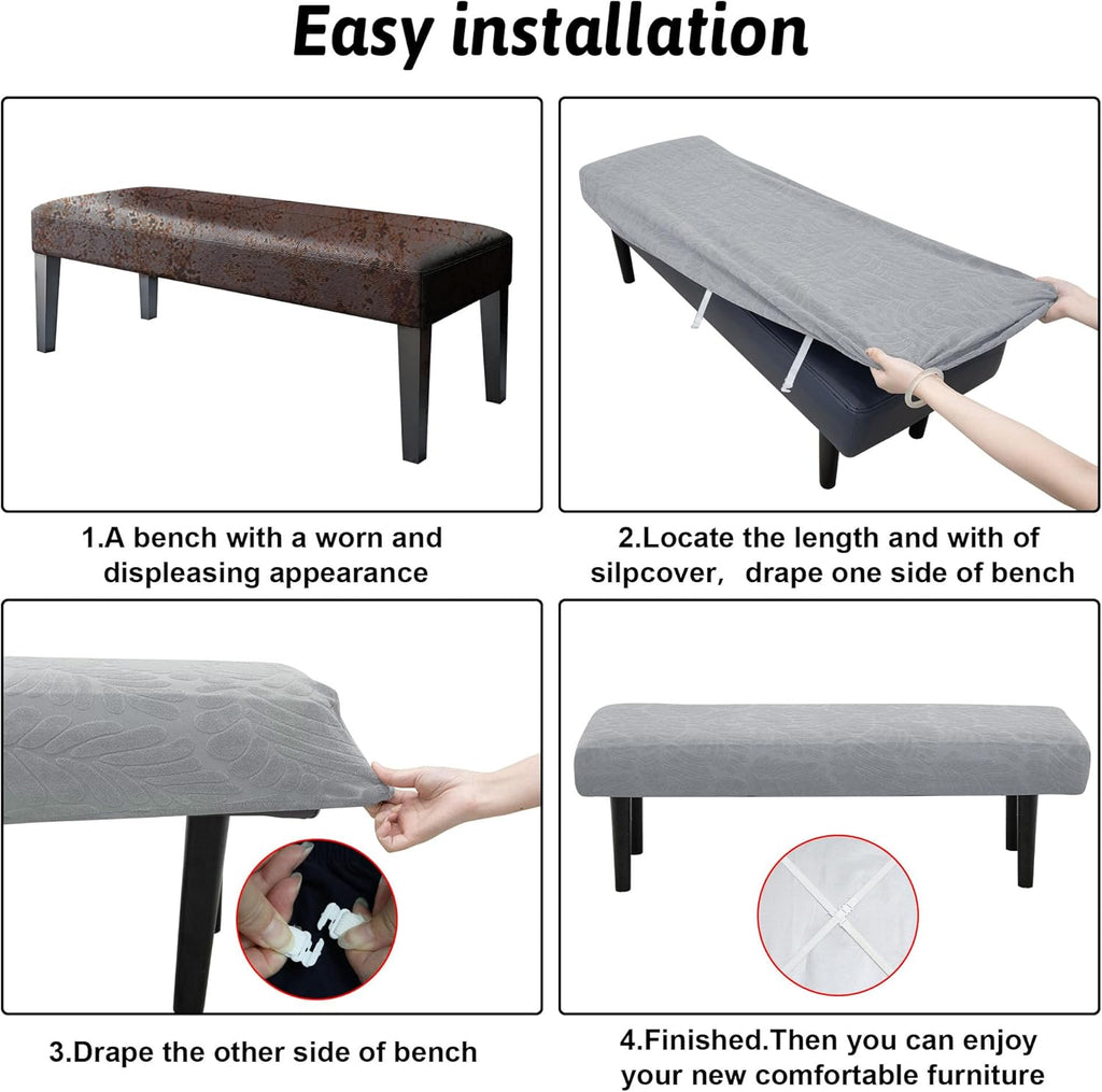 Stretch Bench Covers, Bench Seat Covers, Bench Cushions Covers, Printed Bench Seat Protector, Washable Bench Slipcover, Rectangle Bench Covers for Dining Room, Living Room, Kitchen(Leaf grey)