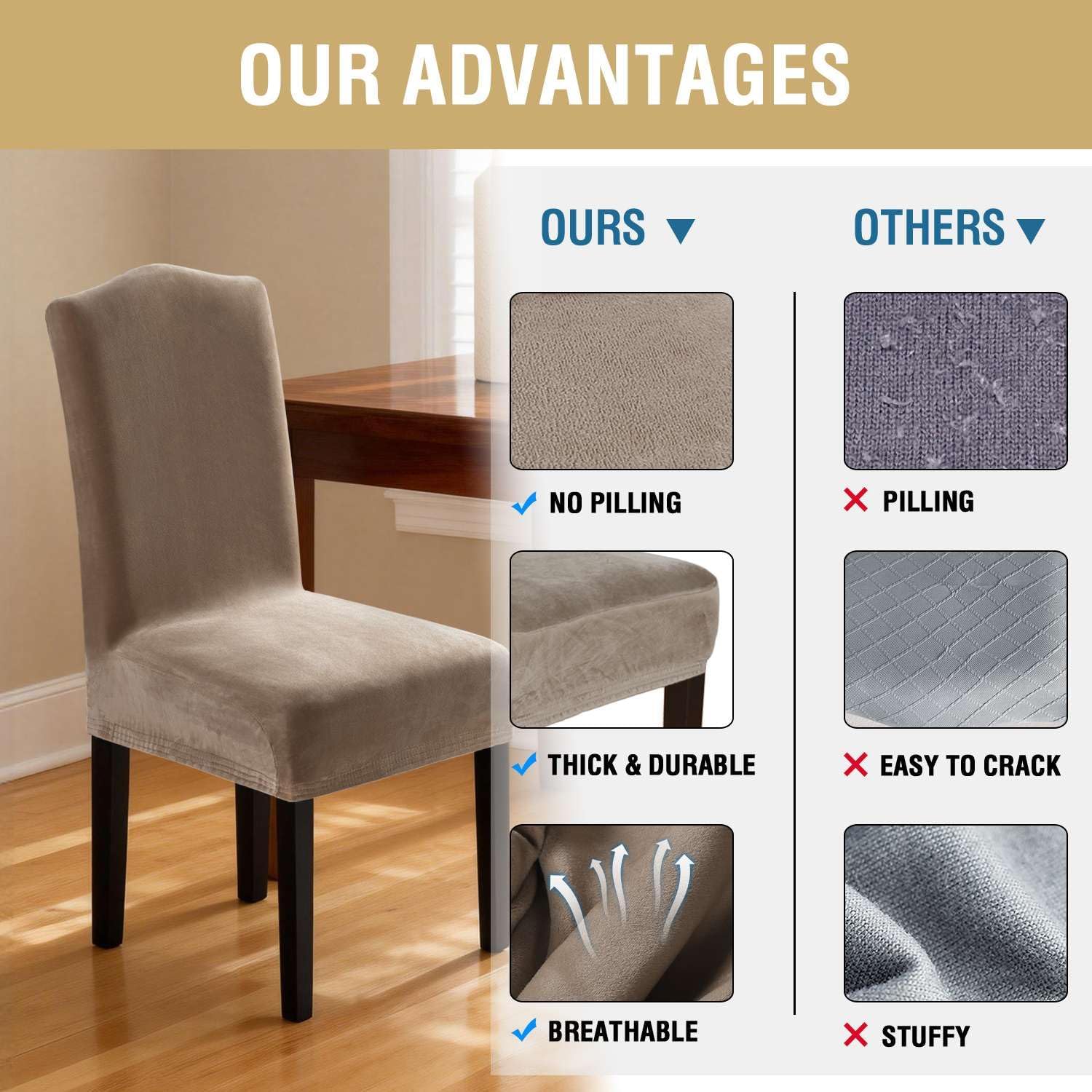 H.VERSAILTEX Dining Chair Covers Stretch for Dining Room Set of 4 Parson Chair Slipcovers Protectors, Soft Thick Solid Velvet Fabric Washable, Taupe