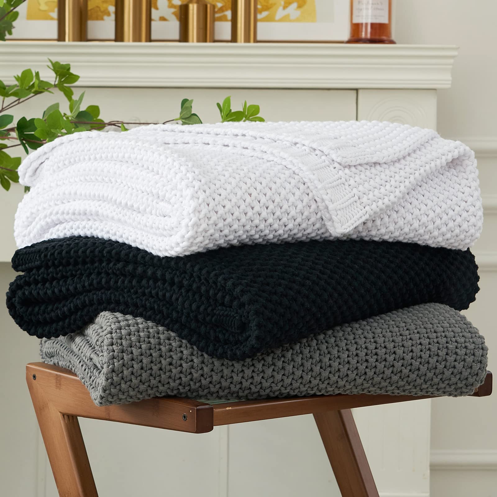Chunky Cable Knit Throw Blanket Lightweight Beige 100% Organic Cotton Blanket for Sofa Couch Bed Baby Nursery, Rustic Shabby Chic Modern Farmhouse, 51” x 63” Give Laundering Bag