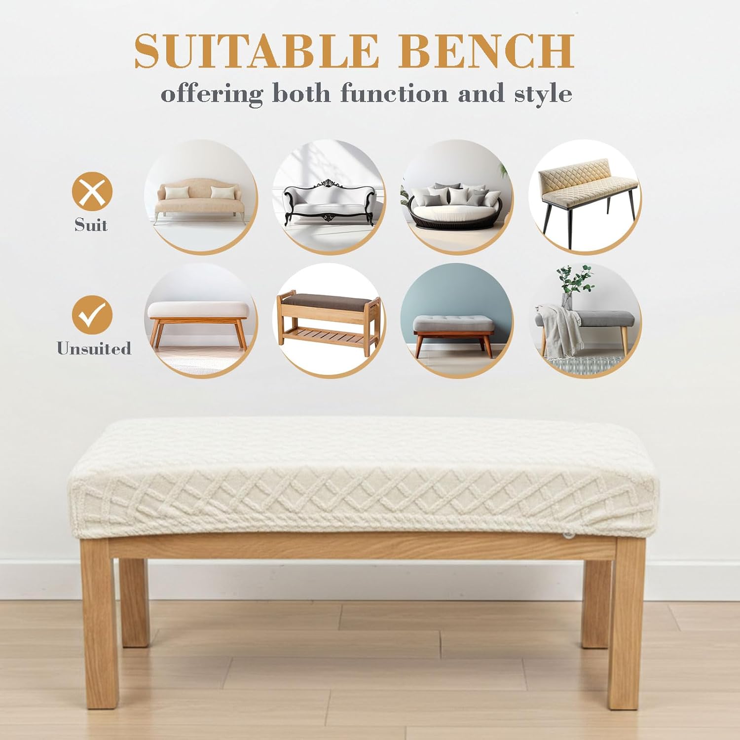 Stretch Jacquard Dining Bench Cover, Slipcover Rectangle Soft Seat Protector Cover Dustproof Removable for Dining Room Living Room Bedroom Kitchen Hotel Fits 39.4~55.1 Inch Benches(Beige)