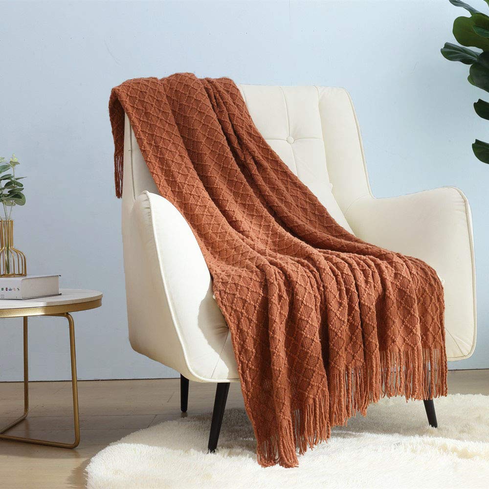 CREVENT Farmhouse Boho Knitted Throw Blanket for Couch Sofa Chair Bed Home Decoration, Soft Warm Cozy Light Weight for Spring Summer Fall (50''X60'' Beige)