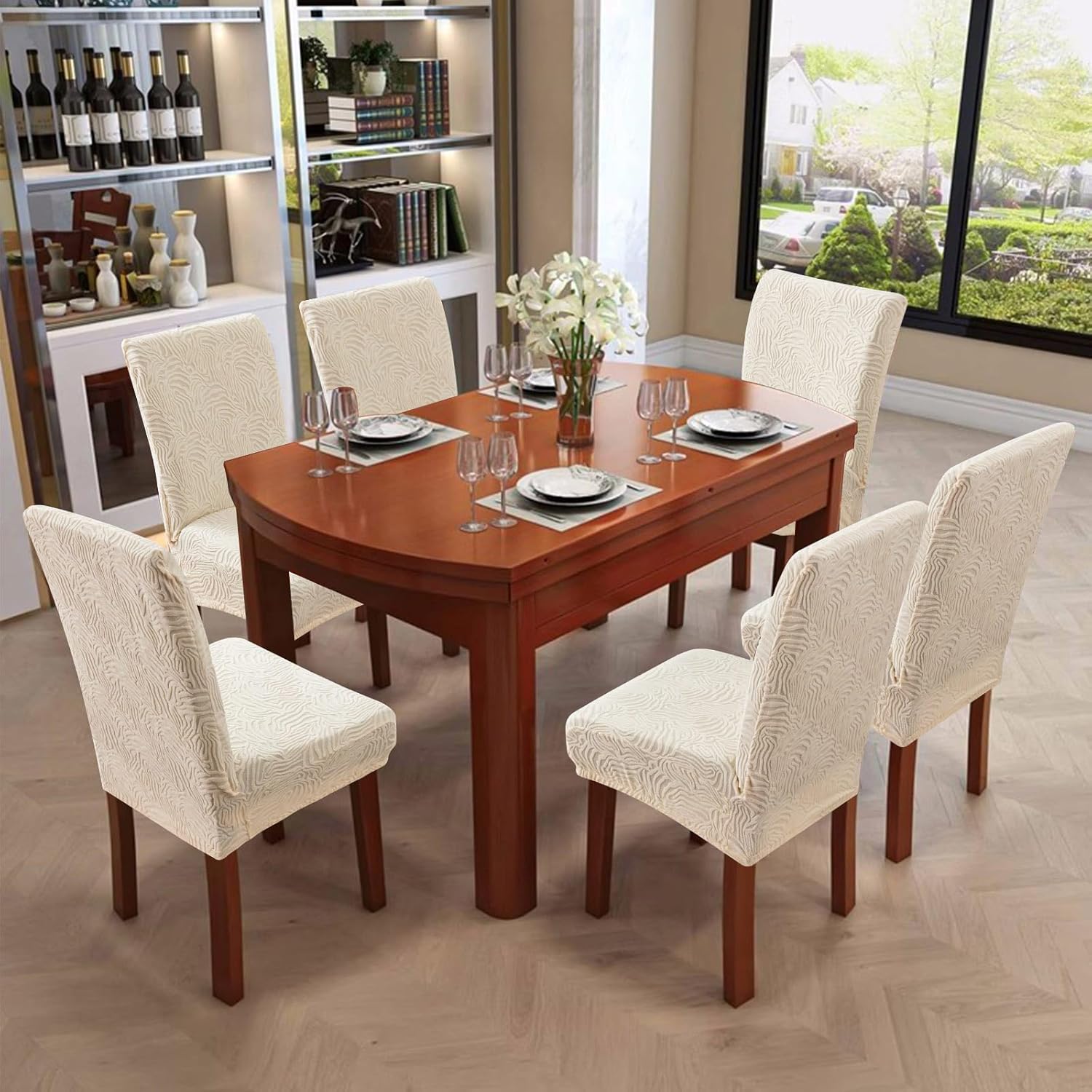 Dining Chair Covers, Chair Covers for Dining Room Stretch Parsons Chair Slipcover, for Dining Room Kitchen Chair Protector Cover, Removable, Washable (Beige, 6 Pack)