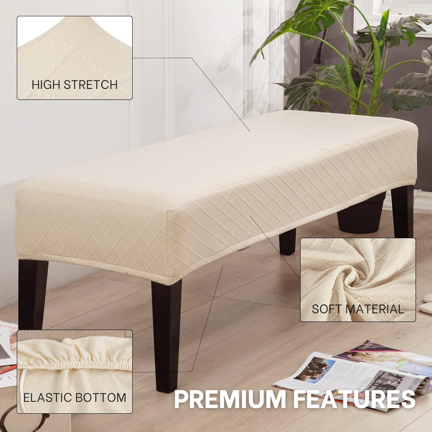 SearchI Dining Bench Cover, Stretch Washable Long Bench Seat Covers, Rectangle Dining Table Bench Slipover for Dining Room, Living Room, Kitchen(Beige)