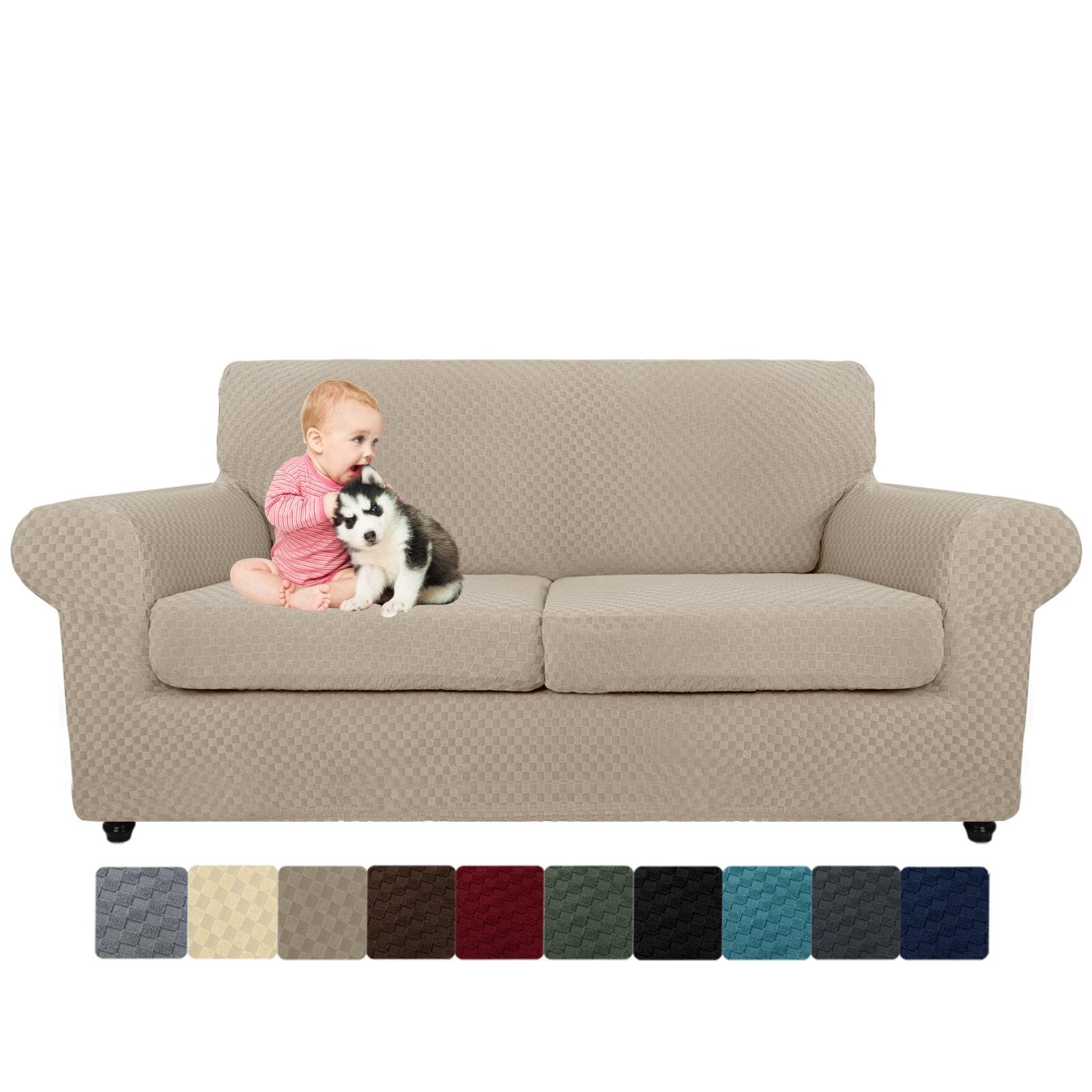 MAXIJIN 4 Piece Couch Covers for 3 Cushion Couch Super Stretch Non Slip Couch Cover for Dogs Pet Friendly Elastic Jacquard Furniture Protector Sofa Slipcovers (Sofa, Light Gray)