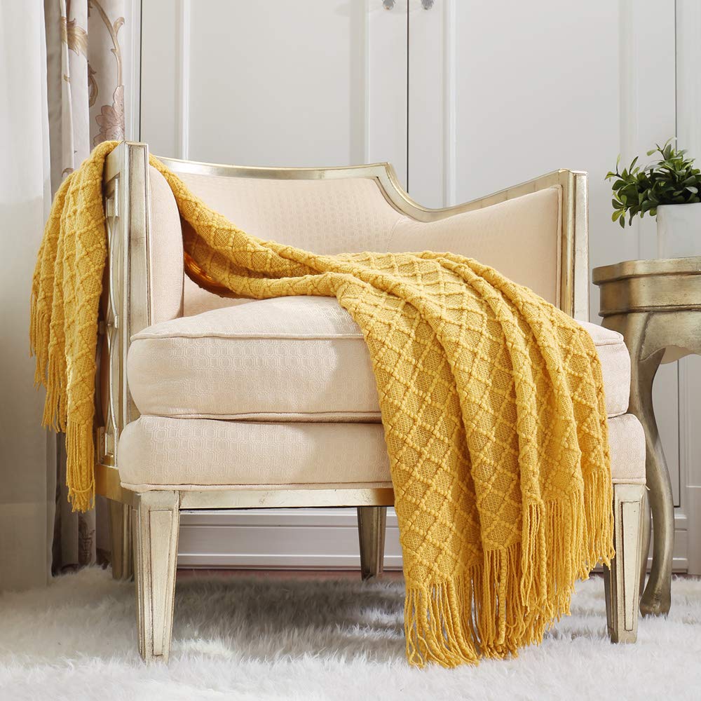 CREVENT Farmhouse Boho Knitted Throw Blanket for Couch Sofa Chair Bed Home Decoration, Soft Warm Cozy Light Weight for Spring Summer Fall (50''X60'' Beige)