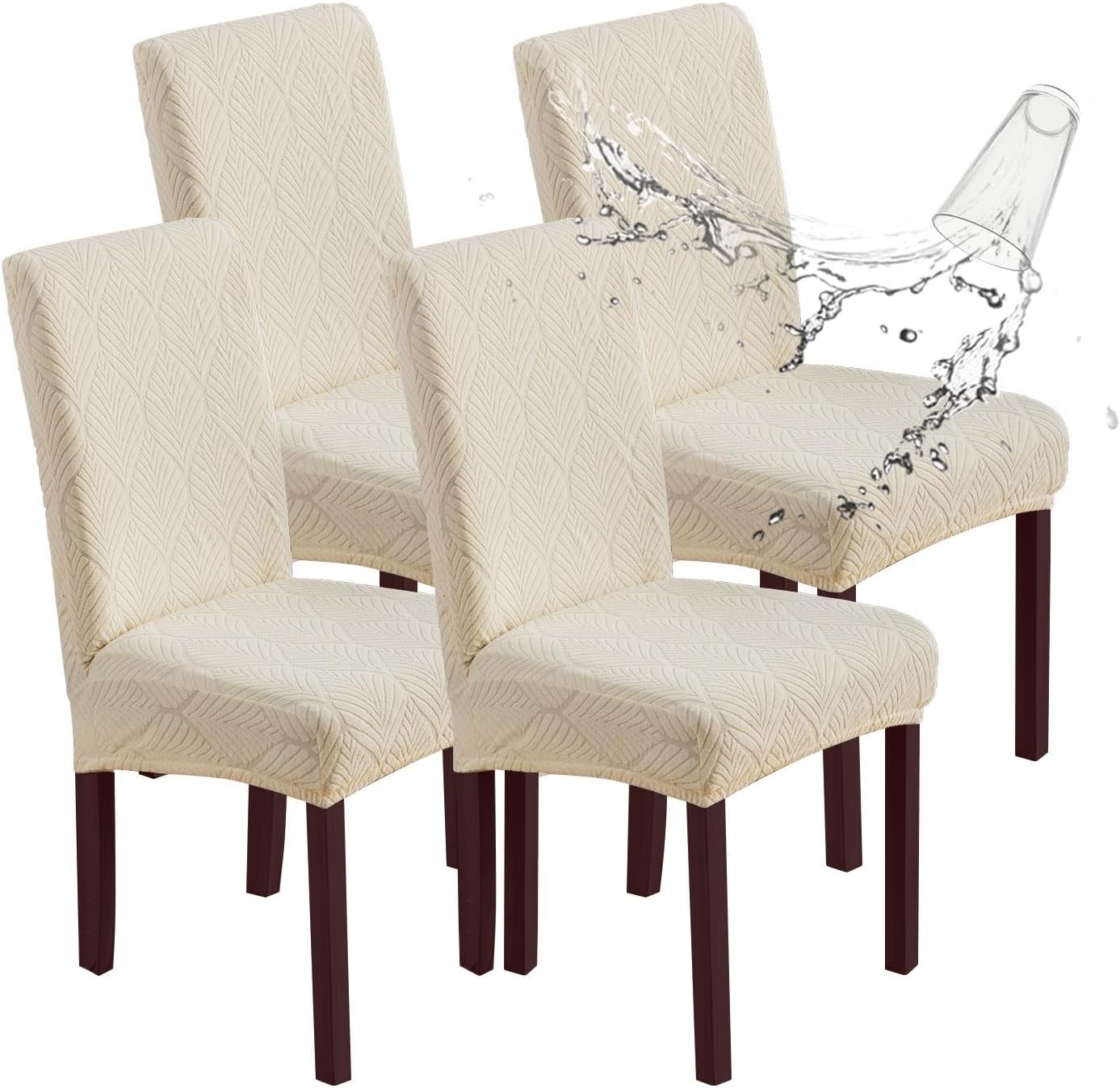 Chair Covers for Dining Chairs,100% Waterproof Dining Chair Covers Set of 4,Removable Stretch Parsons Slip,Washable Seat Protector for Kitchen Beige