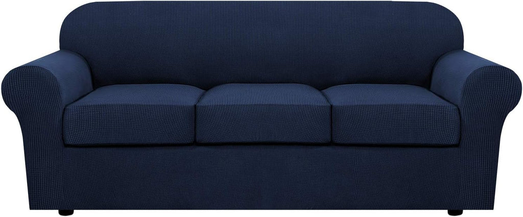 H.VERSAILTEX 4 Piece Stretch Sofa Covers for 3 Cushion Couch Covers for Living Room Furniture Slipcovers (Base Cover Plus 3 Seat Cushion Covers) Upgraded Thicker Jacquard Fabric (Sofa, Navy)