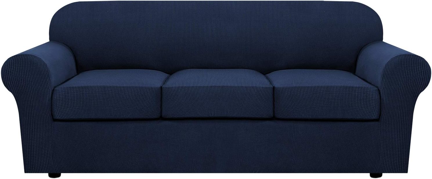 H.VERSAILTEX 4 Piece Stretch Sofa Covers for 3 Cushion Couch Covers for Living Room Furniture Slipcovers (Base Cover Plus 3 Seat Cushion Covers) Upgraded Thicker Jacquard Fabric (Sofa, Navy)