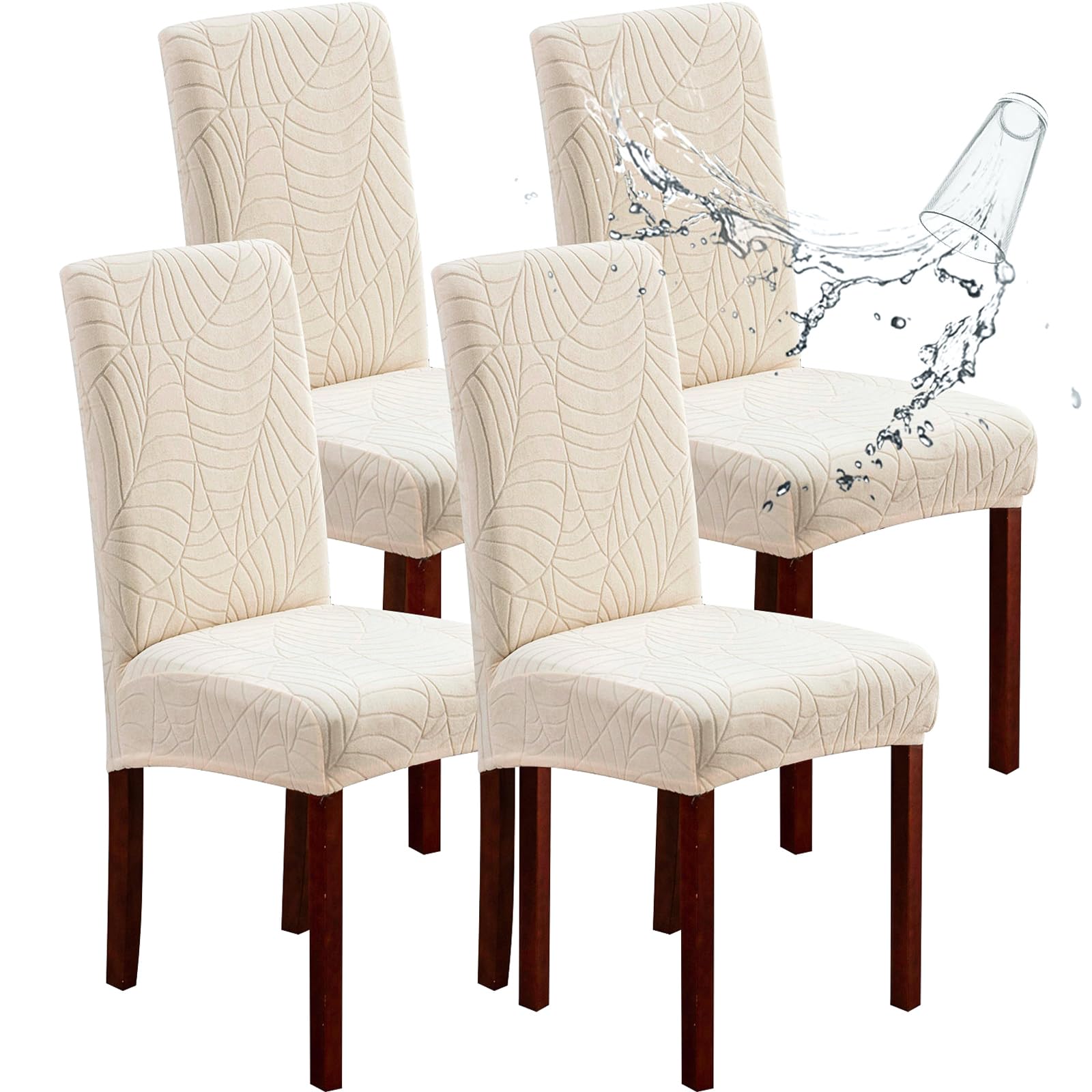 Genina 100% Waterproof Chair Covers for Dining Room Set of 4, Stretch Parson Chair Slipcovers for Kitchen Chairs, Washable Chair Protectors, Leaves-Warm Gray