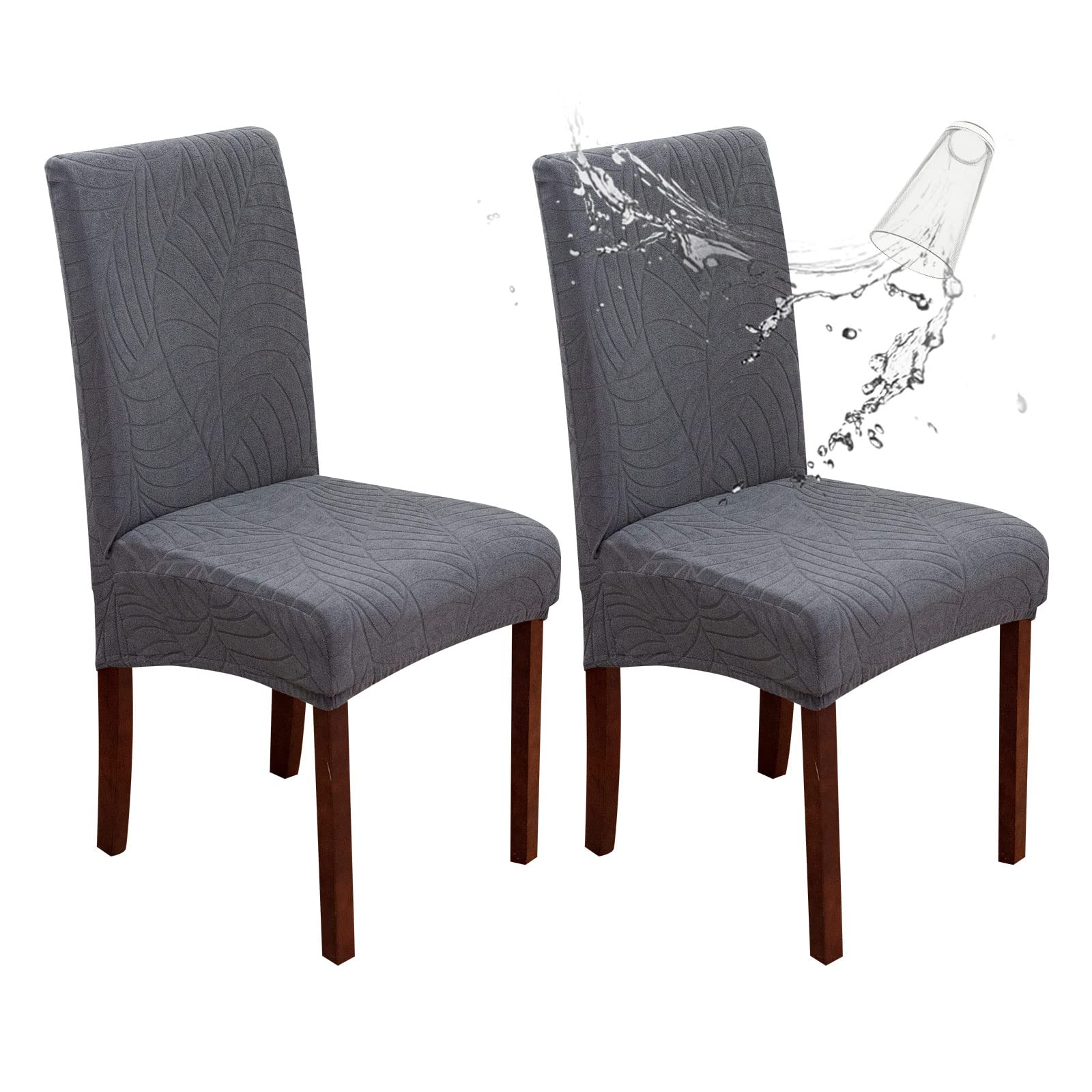 Genina 100% Waterproof Chair Covers for Dining Room Set of 4, Stretch Parson Chair Slipcovers for Kitchen Chairs, Washable Chair Protectors, Leaves-Warm Gray