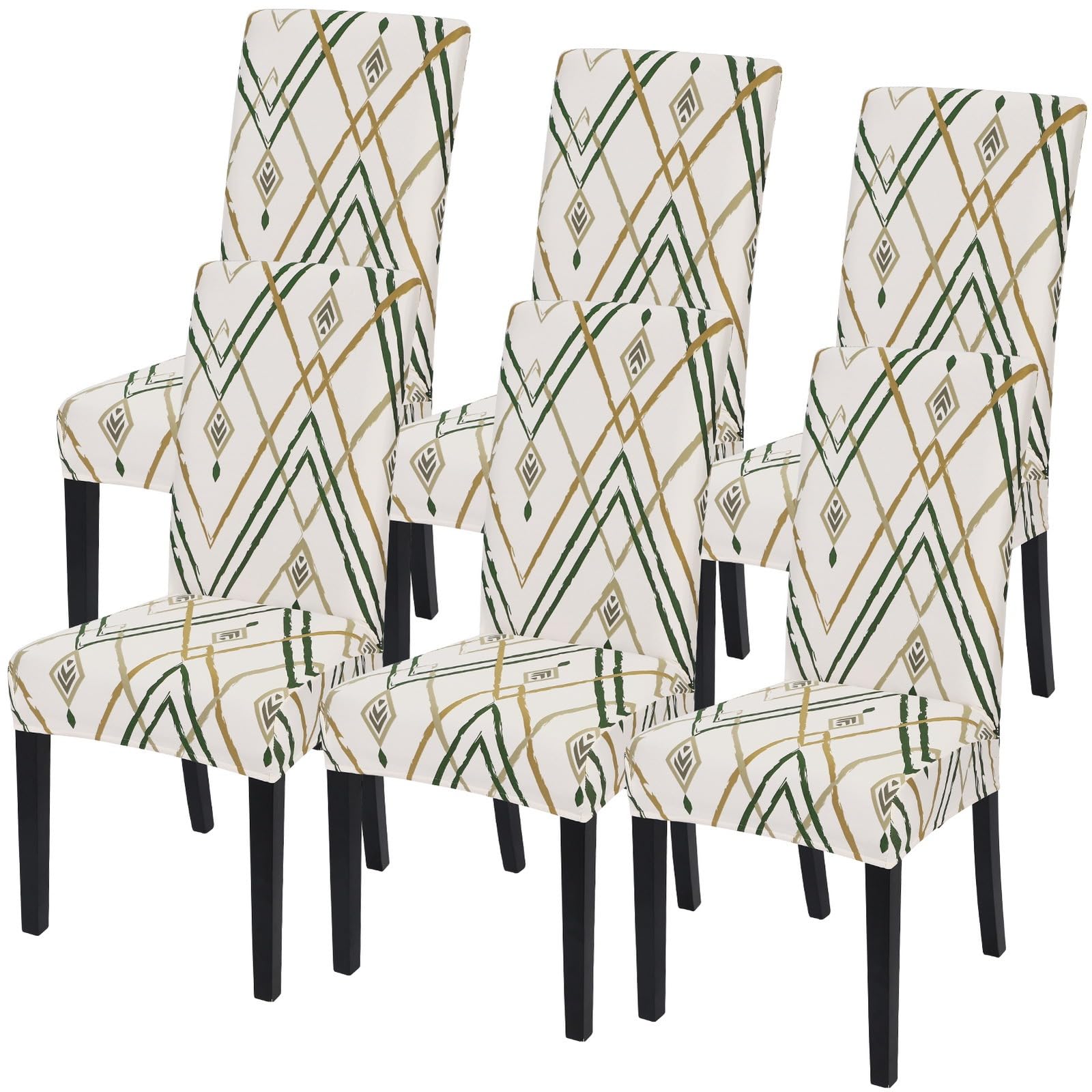 SearchI Dining Room Chair Covers Set of 6, Stretch Jacquard Parsons Chair Slipcovers Super Fit Removable Washable Kitchen Chair Protector Cover for Dining Room, Hotel, Ceremony (Beige Rhombus)