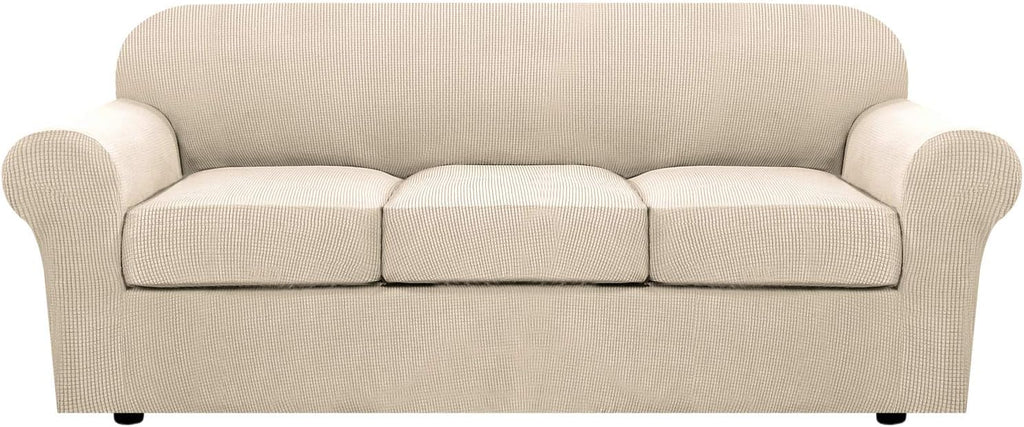 H.VERSAILTEX 4 Piece Stretch Couch Covers for 3 Cushion Couch Sofa Furniture Slipcovers Feature Upgraded Thicker Jacquard Fabric (Sofa, Natural)