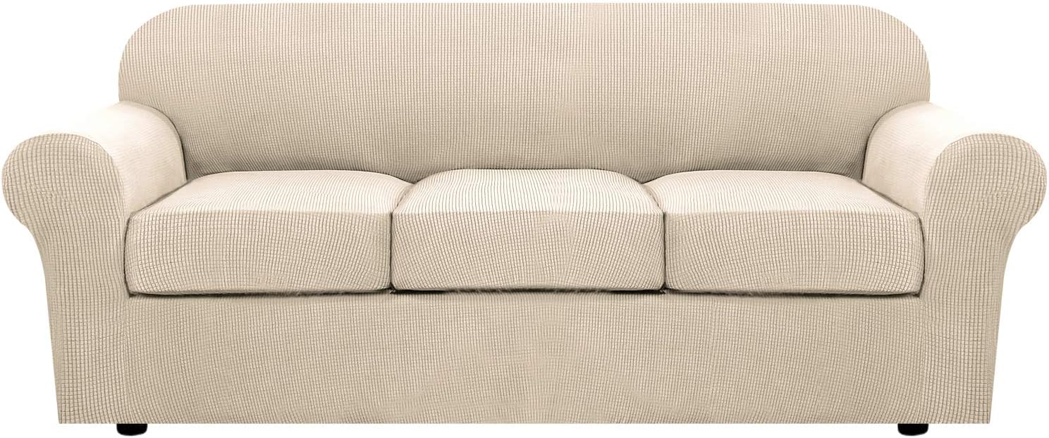 H.VERSAILTEX 4 Piece Stretch Couch Covers for 3 Cushion Couch Sofa Furniture Slipcovers Feature Upgraded Thicker Jacquard Fabric (Sofa, Natural)