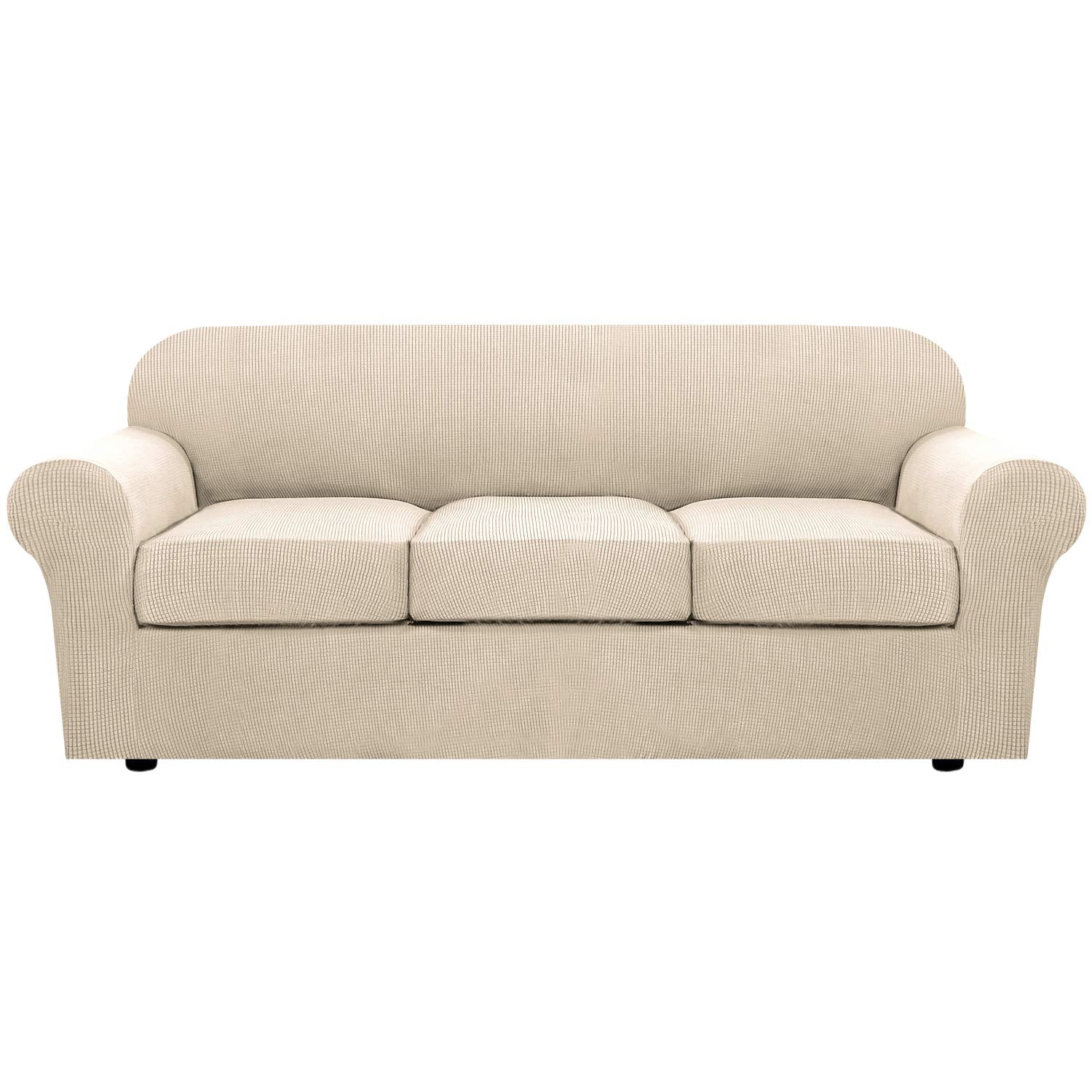 H.VERSAILTEX 3 Piece Stretch Sofa Covers for 2 Cushion Loveseat Couch Covers for Living Room Sofa Slipcovers (Base Cover Plus 2 Seat Cushion Covers) Thicker Jacquard Fabric(Medium Sofa, Natural)