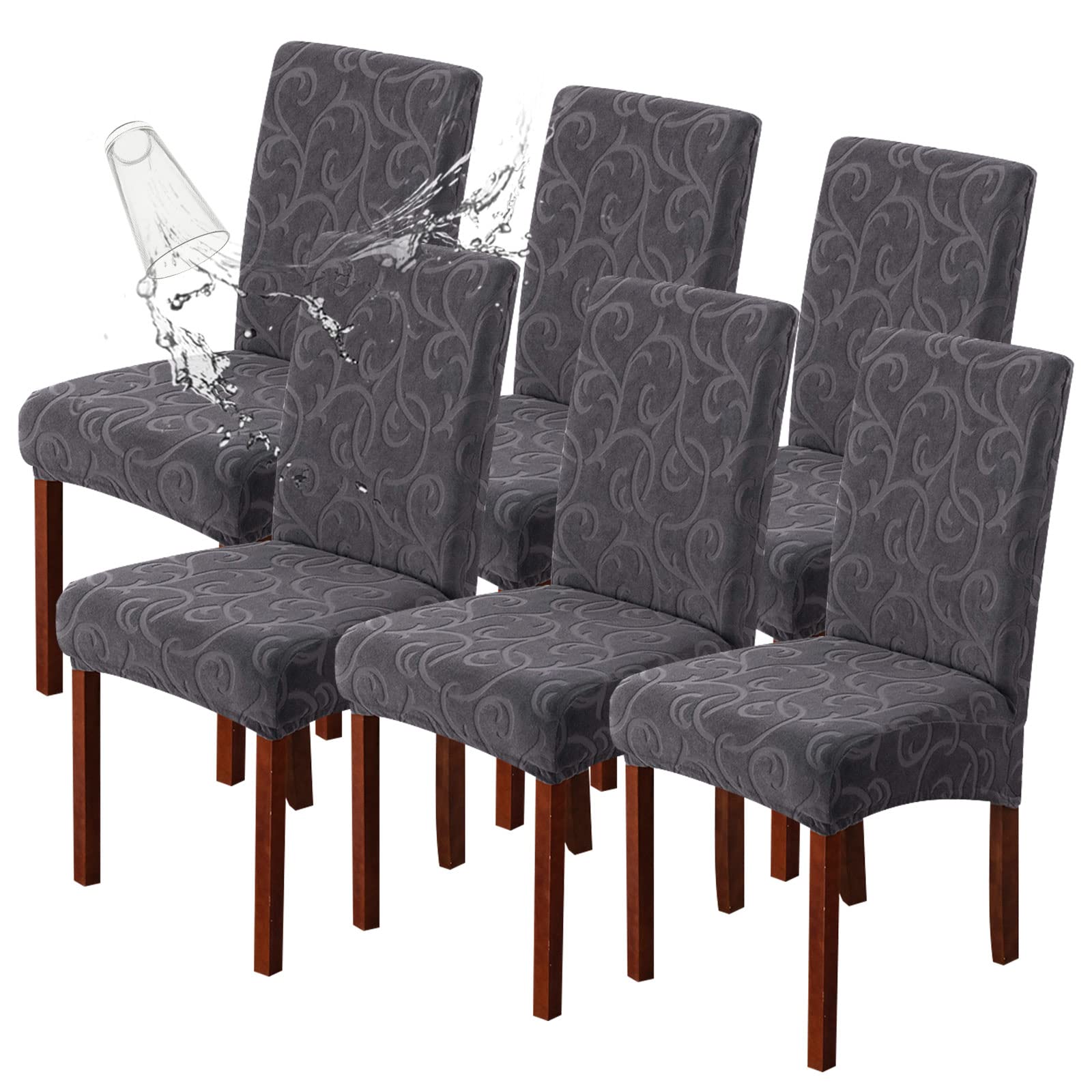 Genina Waterproof Dining Room Chair Covers Stretch Parsons Chair Slipcovers for Dining Room Kitchen Chair Protector Cover, Removable, Washable (4, Flower Pattern-Dark Gray)