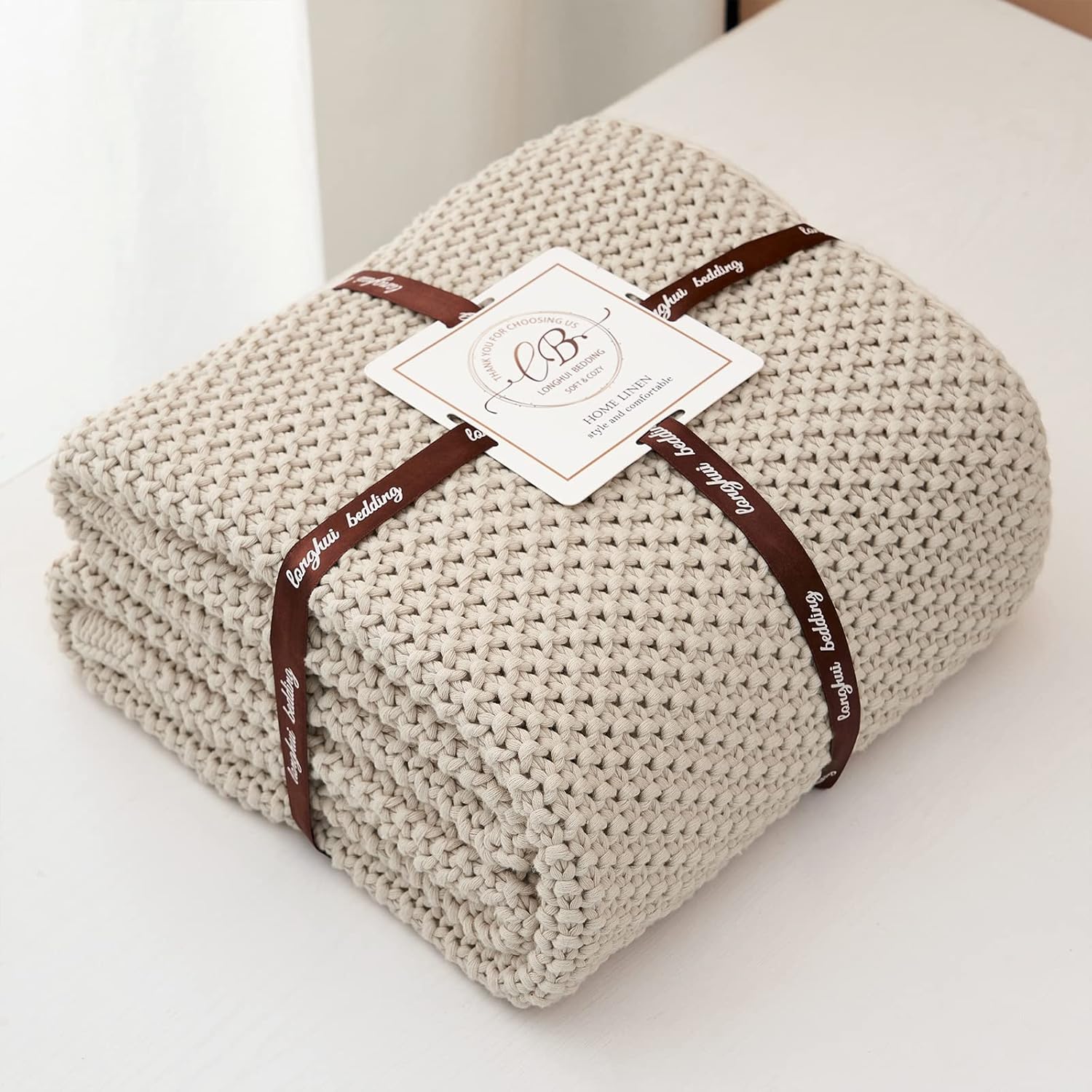 Chunky Cable Knit Throw Blanket Lightweight Beige 100% Organic Cotton Blanket for Sofa Couch Bed Baby Nursery, Rustic Shabby Chic Modern Farmhouse, 51” x 63” Give Laundering Bag