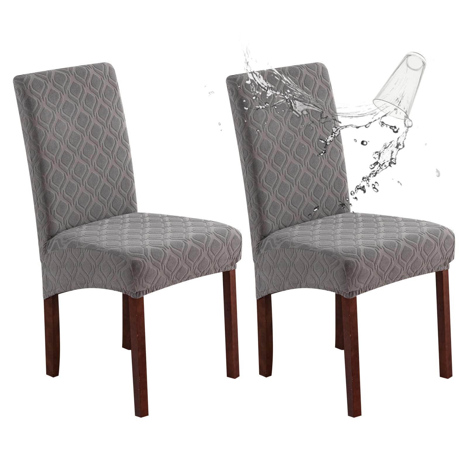 Genina Waterproof Chair Covers for Dining Room 6 Pack, Stretch Jacquard Dining Chair Cover Removable Washable Chair Protectors Cover for Kitchen, Home (Leaves-Warm Gray, 6 PCS)