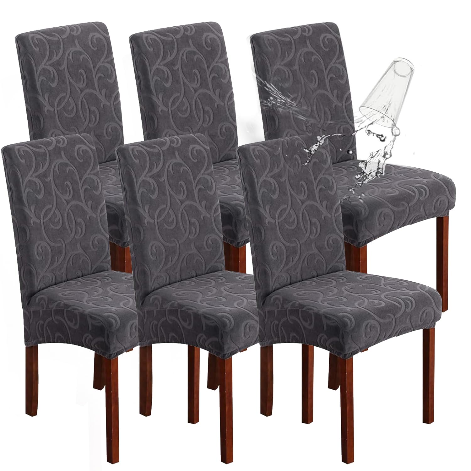 Genina Waterproof Dining Room Chair Covers Stretch Parsons Chair Slipcovers for Dining Room Kitchen Chair Protector Cover, Removable, Washable (4, Flower Pattern-Dark Gray)