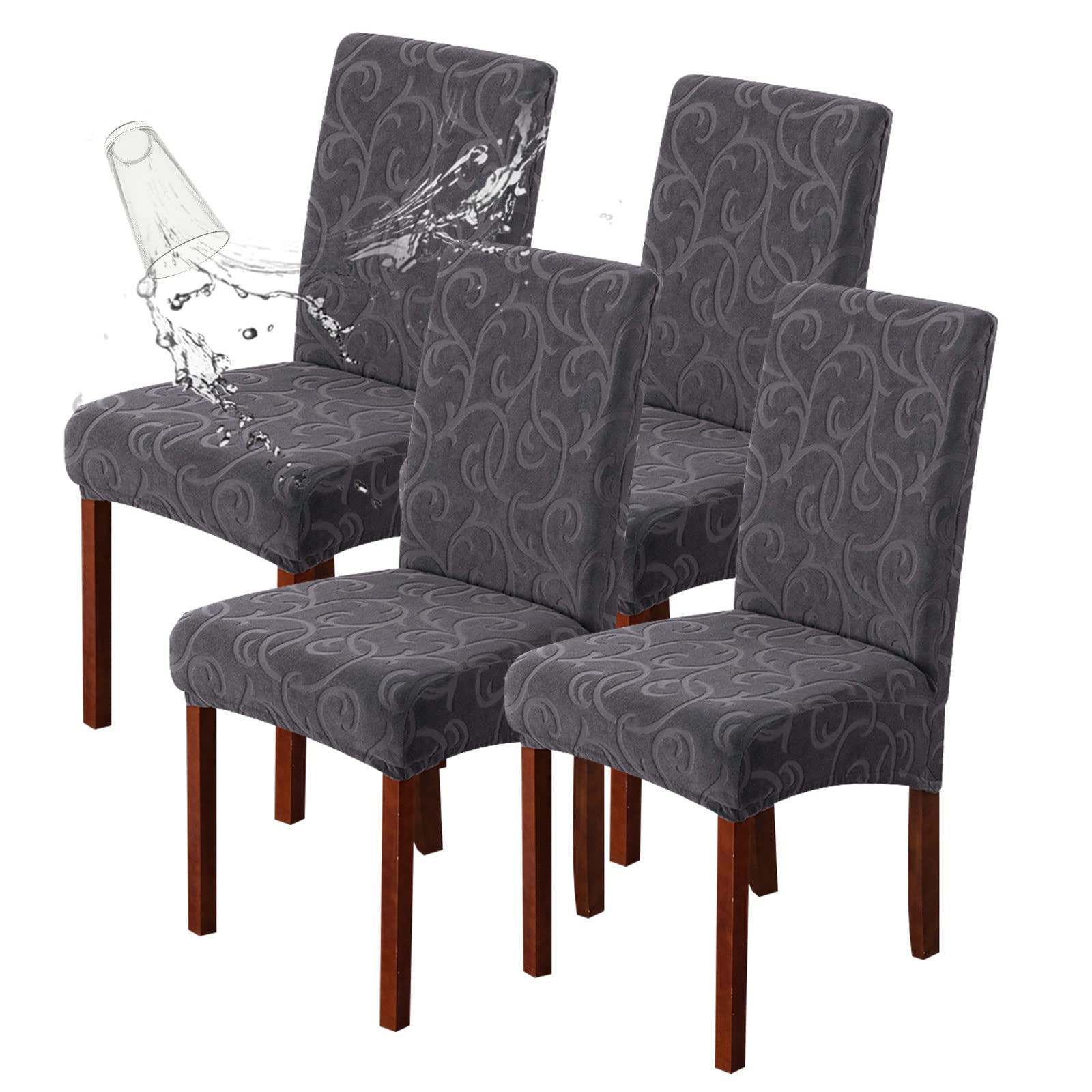 Genina Waterproof Dining Room Chair Covers Stretch Parsons Chair Slipcovers for Dining Room Kitchen Chair Protector Cover, Removable, Washable (4, Flower Pattern-Dark Gray)