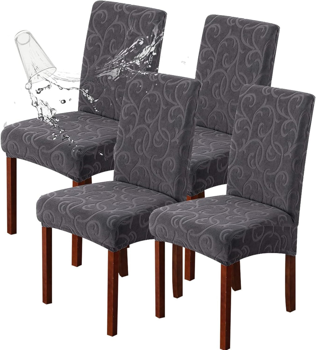 Genina Waterproof Dining Room Chair Covers Stretch Parsons Chair Slipcovers for Dining Room Kitchen Chair Protector Cover, Removable, Washable (4, Flower Pattern-Dark Gray)