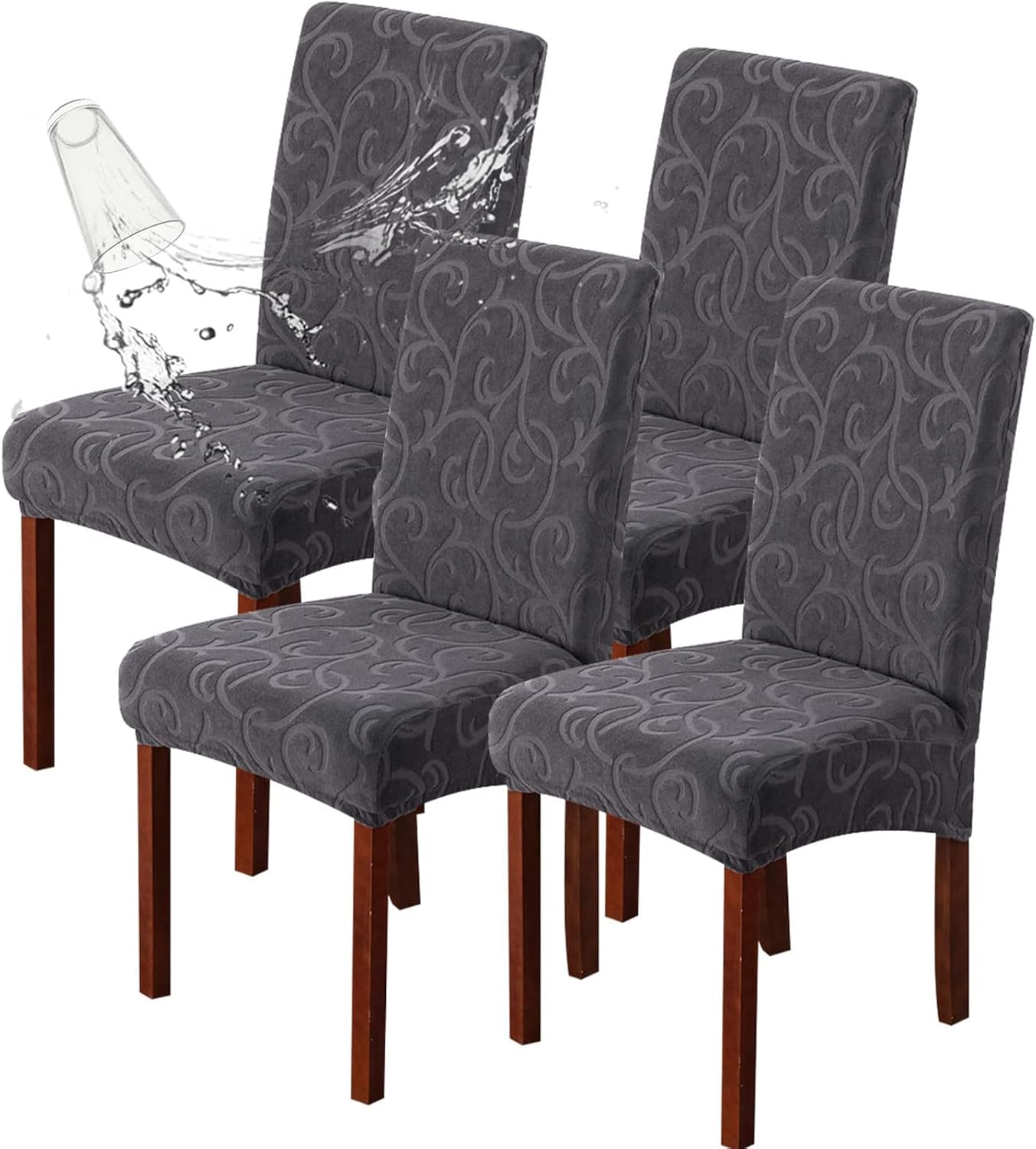 Genina Waterproof Dining Room Chair Covers Stretch Parsons Chair Slipcovers for Dining Room Kitchen Chair Protector Cover, Removable, Washable (4, Flower Pattern-Dark Gray)