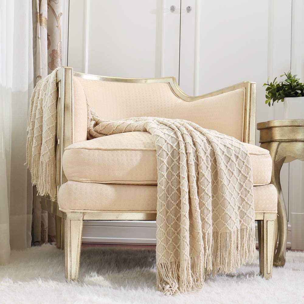 CREVENT Farmhouse Boho Knitted Throw Blanket for Couch Sofa Chair Bed Home Decoration, Soft Warm Cozy Light Weight for Spring Summer Fall (50''X60'' Beige)