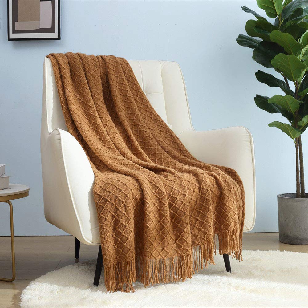 CREVENT Farmhouse Boho Knitted Throw Blanket for Couch Sofa Chair Bed Home Decoration, Soft Warm Cozy Light Weight for Spring Summer Fall (50''X60'' Beige)