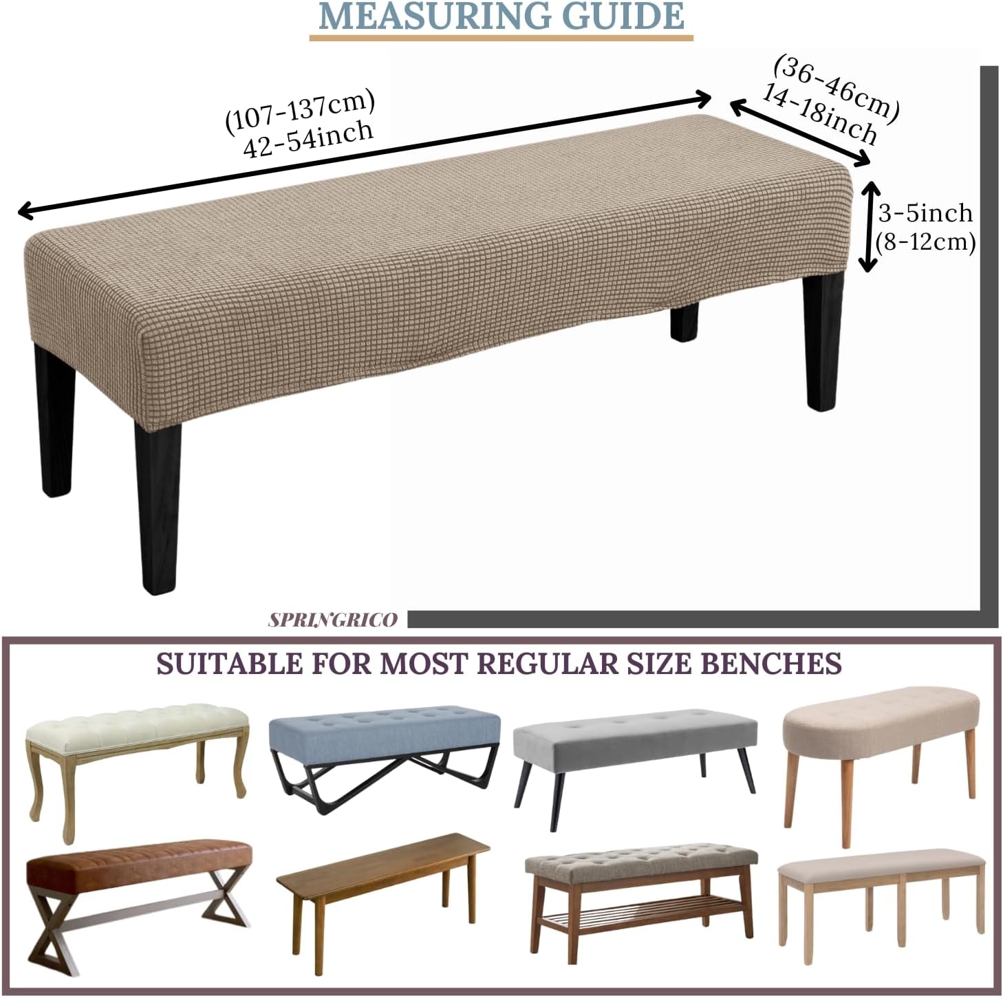 SPRINGRICO Stretch Dining Bench Cover, Removable Bench Slipcover Washable Bench Seat Protector Rectangle Bench Cover for Dining Room, Living Room, Bedroom, Kitchen (S1-Khaki)