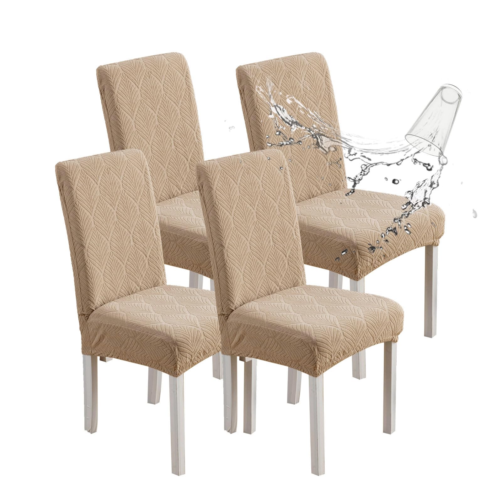 Chair Covers for Dining Chairs,100% Waterproof Dining Chair Covers Set of 4,Removable Stretch Parsons Slip,Washable Seat Protector for Kitchen Beige