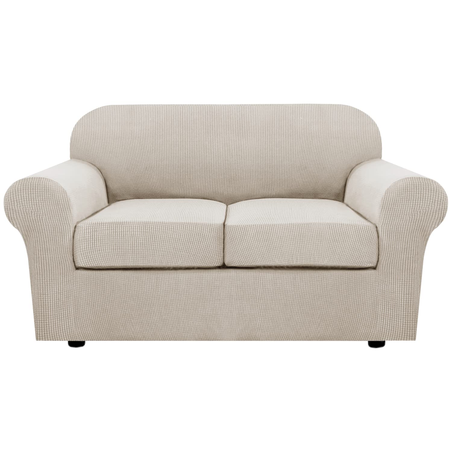 H.VERSAILTEX 3 Piece Stretch Sofa Covers for 2 Cushion Loveseat Couch Covers for Living Room Sofa Slipcovers (Base Cover Plus 2 Seat Cushion Covers) Thicker Jacquard Fabric(Medium Sofa, Natural)