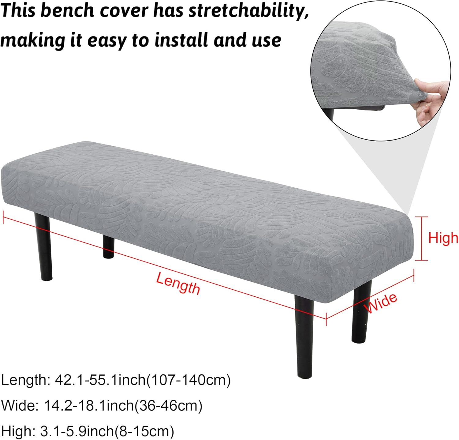 Stretch Bench Covers, Bench Seat Covers, Bench Cushions Covers, Printed Bench Seat Protector, Washable Bench Slipcover, Rectangle Bench Covers for Dining Room, Living Room, Kitchen(Leaf grey)