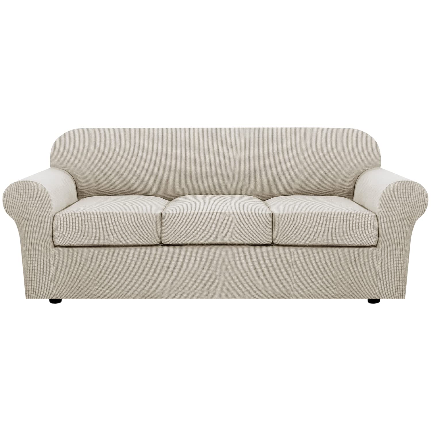 H.VERSAILTEX 4 Piece Stretch Couch Covers for 3 Cushion Couch Sofa Furniture Slipcovers Feature Upgraded Thicker Jacquard Fabric (Sofa, Natural)
