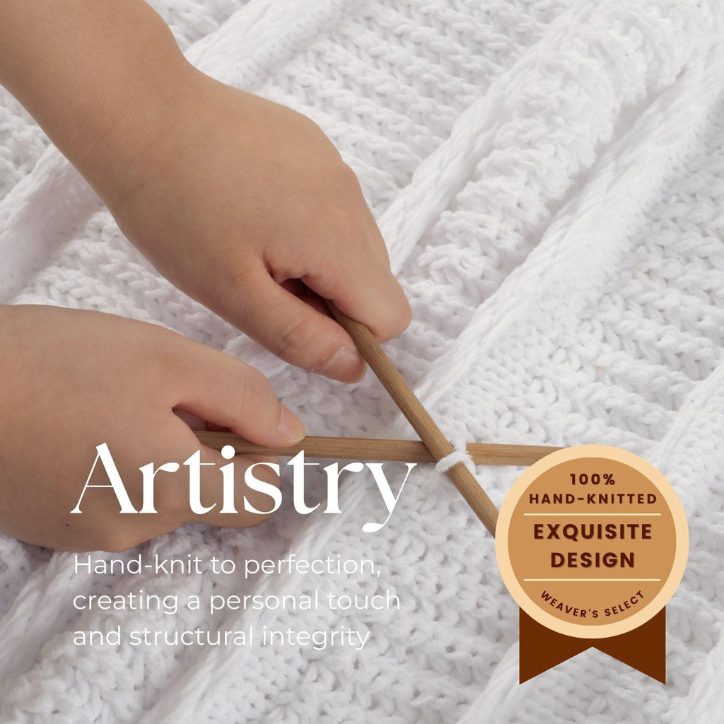 Boho Knitted Chenille Blanket with Tassels - Lightweight & Soft All-Season Throw - 3D Classic Pattern for Living Room Bedroom Couch, Cloud White, Throw 50"x60"