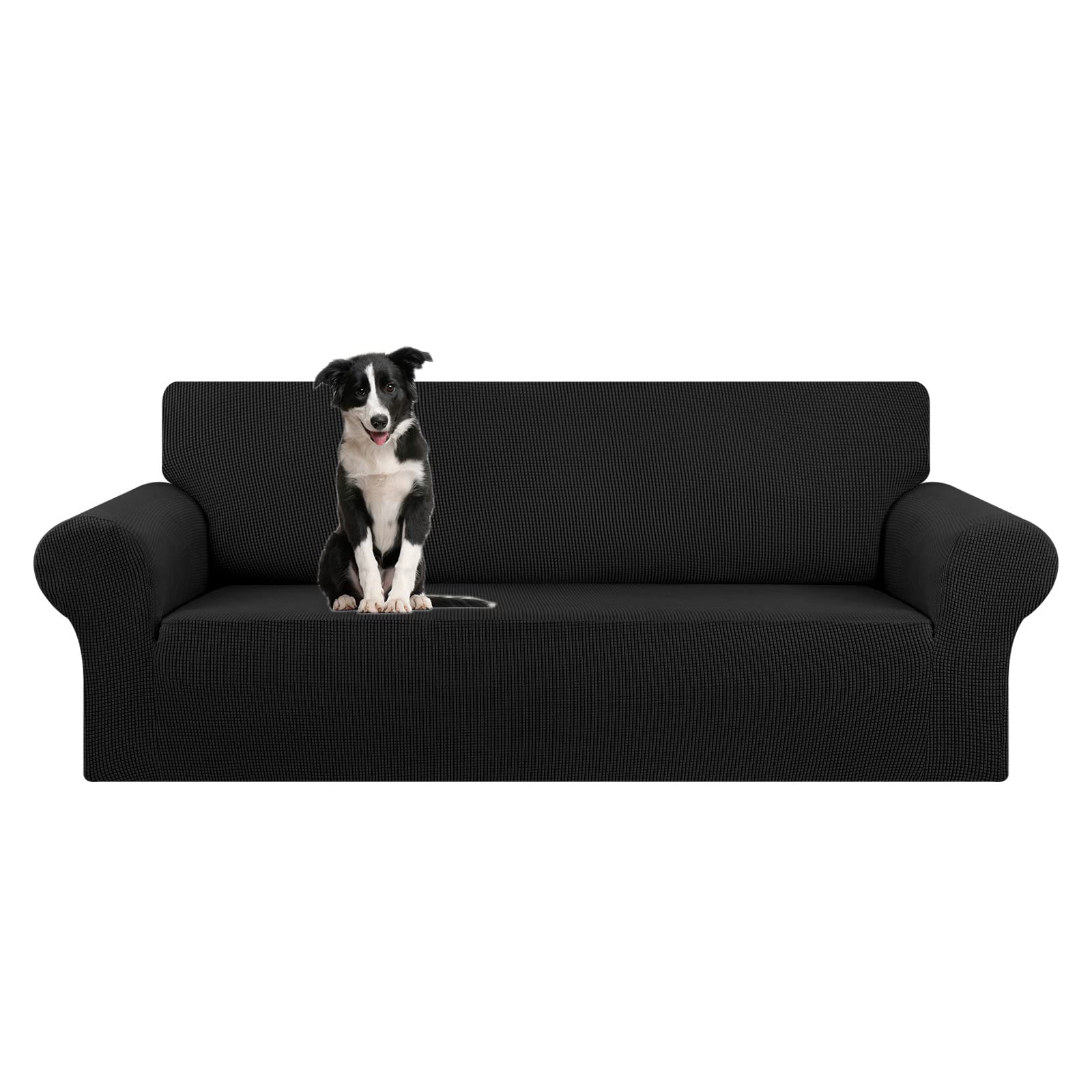 KEKUOU Stretch Sofa Cover Slipcover ，Couch Covers for 3 Cushion Couch Sofa pet Friendly (78"-94") Furniture Protector Sofa with Elastic Bottom for Kids,Dog, Jacquard Small Checked(Large,Black)
