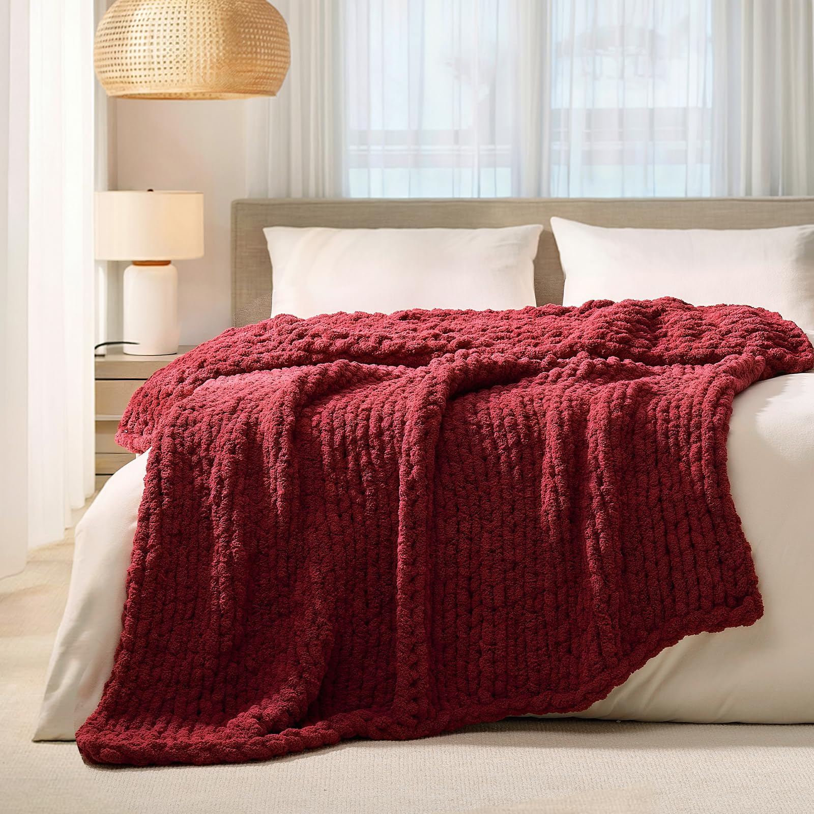 L'AGRATY Chunky Knit Blanket Throw,Soft Chenille Yarn Throw Blanket 50x60，Handmade Cable Knit Crochet Blanket,Large Knit Blankets Chunky Yarn,Rope Knot Throw Blanket for Couch Sofa Bed Home Decor
