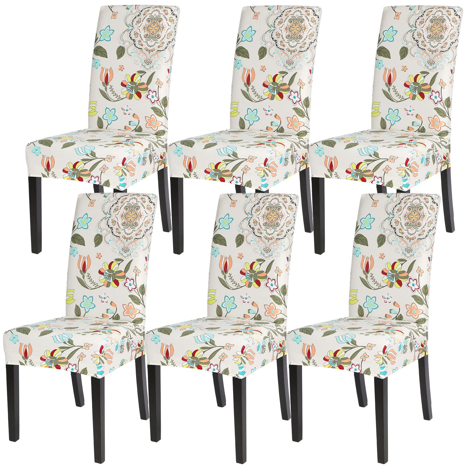 SearchI Dining Room Chair Covers Set of 6, Stretch Jacquard Parsons Chair Slipcovers Super Fit Removable Washable Kitchen Chair Protector Cover for Dining Room, Hotel, Ceremony (Beige Rhombus)