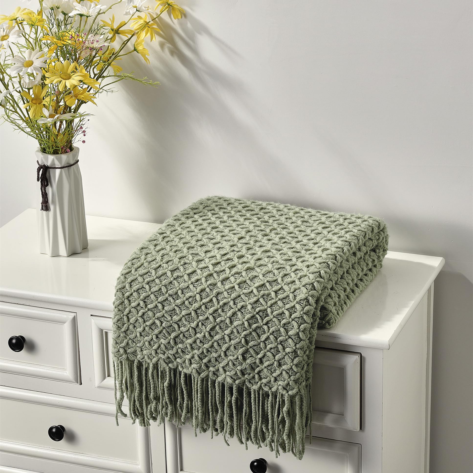 CREVENT Farmhouse Boho Knitted Throw Blanket for Couch Sofa Chair Bed Home Decoration, Soft Warm Cozy Light Weight for Spring Summer Fall (50''X60'' Beige)