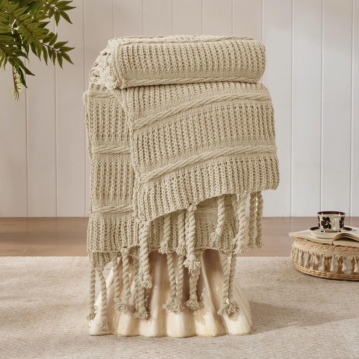 Boho Knitted Chenille Blanket with Tassels - Lightweight & Soft All-Season Throw - 3D Classic Pattern for Living Room Bedroom Couch, Cloud White, Throw 50"x60"