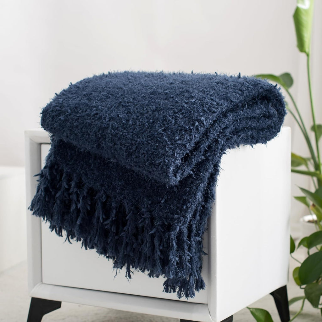 Winter Knit Throw Blanket Fluffy Fuzzy Soft Lightweight Cozy Farmhouse Tassels Chunky Knitted Throws for Couch Sofa Bed (Navy Blue, 50"x60")