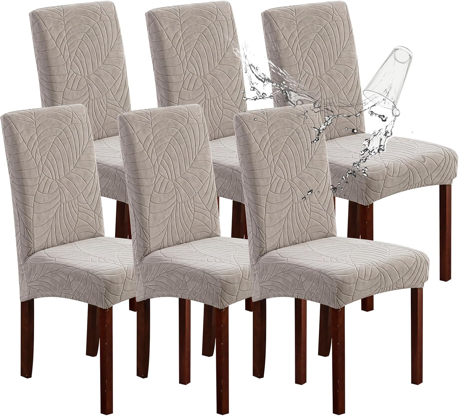 Genina Waterproof Chair Covers for Dining Room 6 Pack, Stretch Jacquard Dining Chair Cover Removable Washable Chair Protectors Cover for Kitchen, Home (Leaves-Warm Gray, 6 PCS)