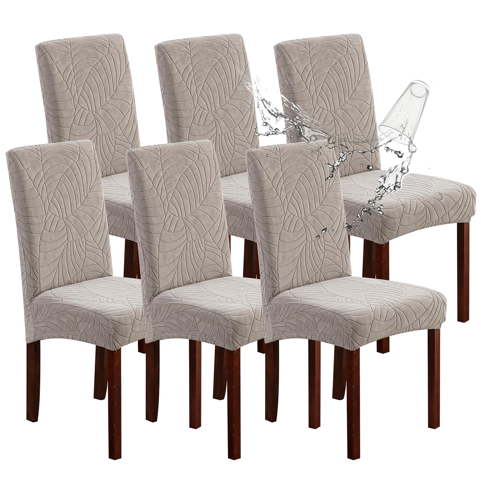 Genina 100% Waterproof Chair Covers for Dining Room Set of 4, Stretch Parson Chair Slipcovers for Kitchen Chairs, Washable Chair Protectors, Leaves-Warm Gray