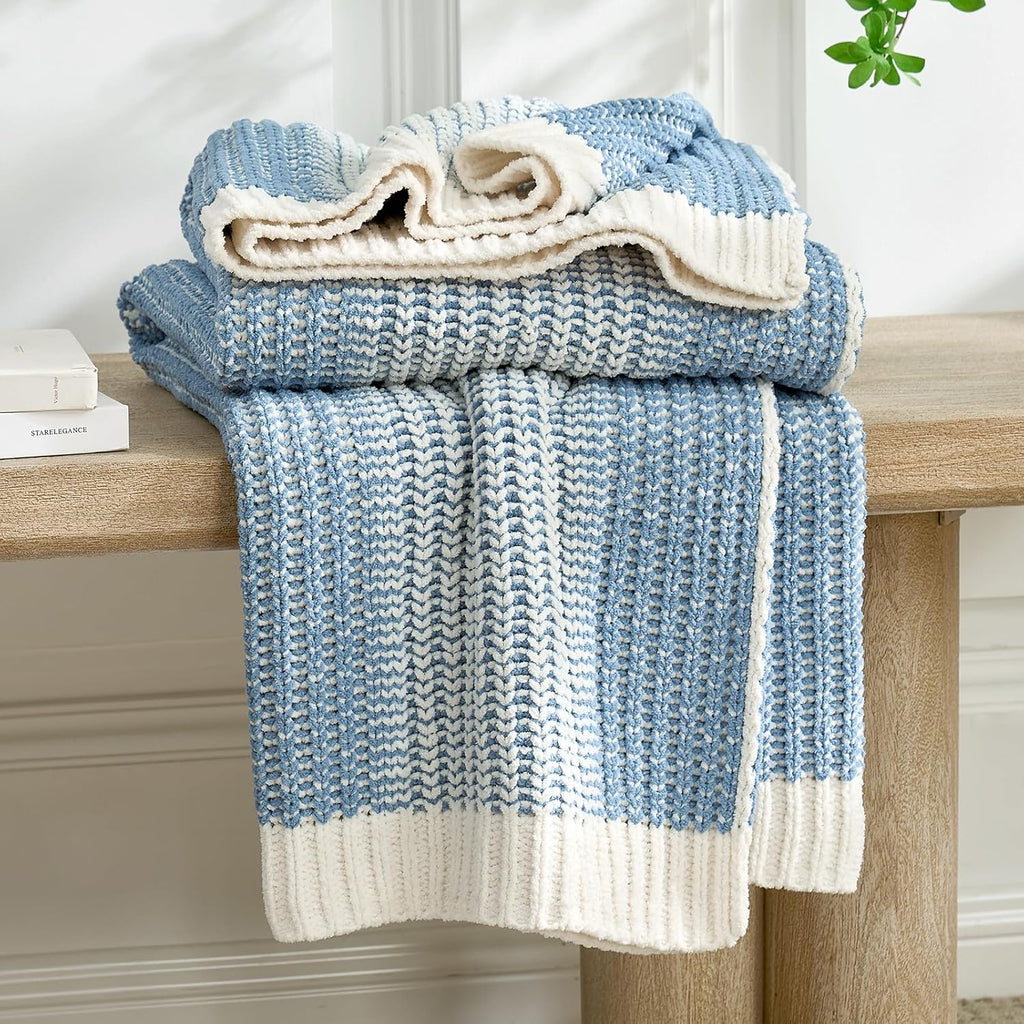 Amélie Home Premium Chenille Throw Blanket, Soft Cozy Luxury Two-Tone Knit Blanket for Couch, Sofa, Chair, Home Decor, Blue & Ivory 50"x60"