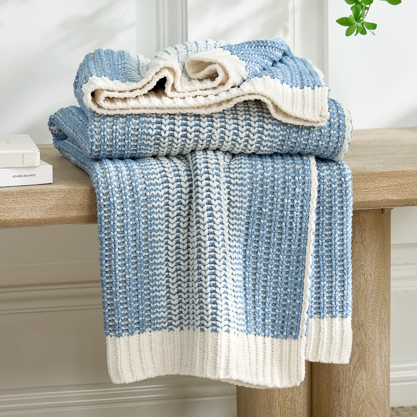Amélie Home Premium Chenille Throw Blanket, Soft Cozy Luxury Two-Tone Knit Blanket for Couch, Sofa, Chair, Home Decor, Blue & Ivory 50"x60"