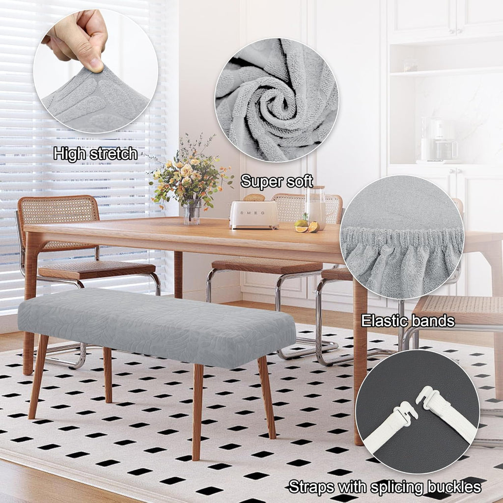 Stretch Bench Covers, Bench Seat Covers, Bench Cushions Covers, Printed Bench Seat Protector, Washable Bench Slipcover, Rectangle Bench Covers for Dining Room, Living Room, Kitchen(Leaf grey)