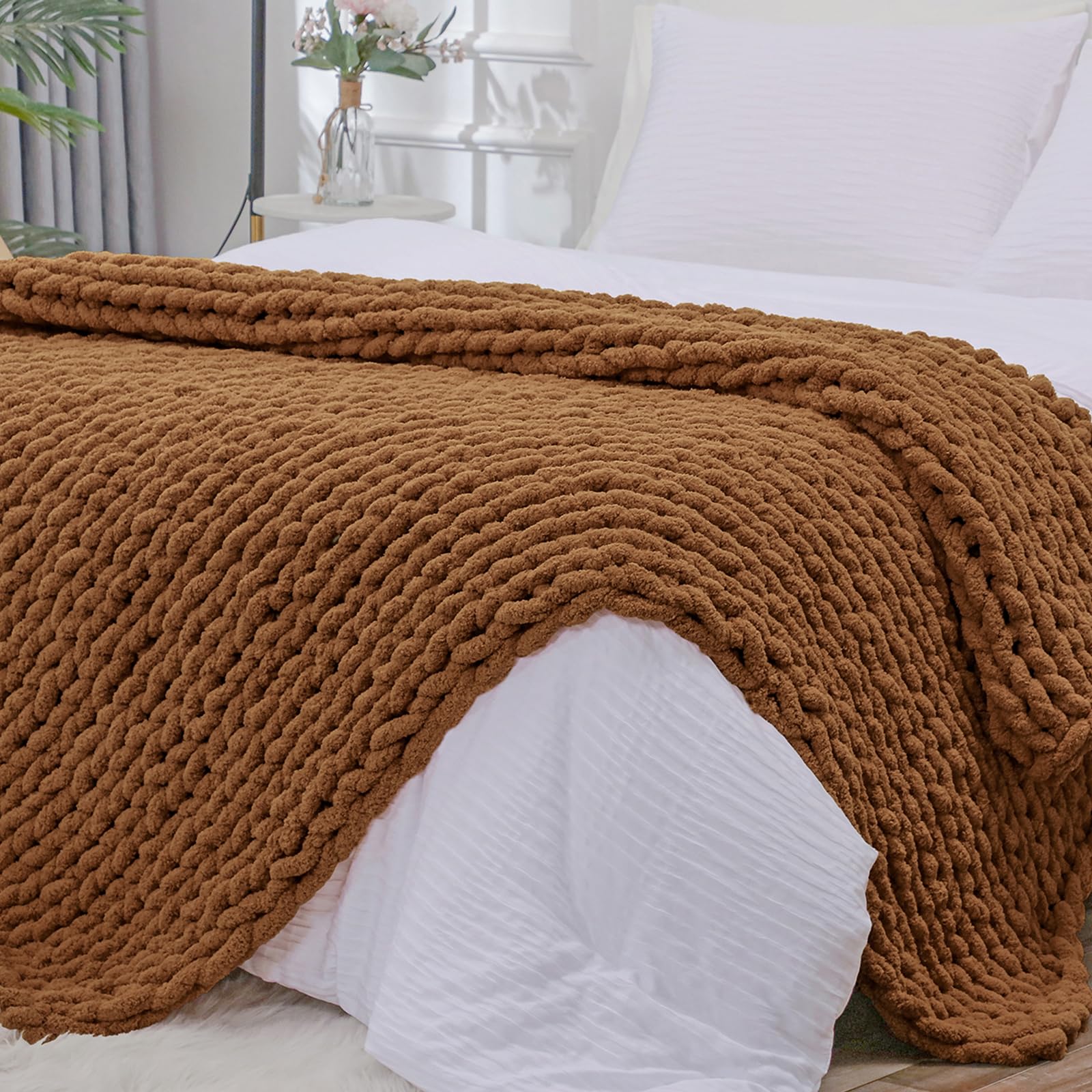 Bigacogo Chunky Knit Throw Blanket for Couch, 40x60 inches, 100% Hand Knitted with Thick Jumbo Chenille Yarn, Cozy Soft Large Rope Knot Cable Crochet Blankets for Sofa Bed Living Room, Beige